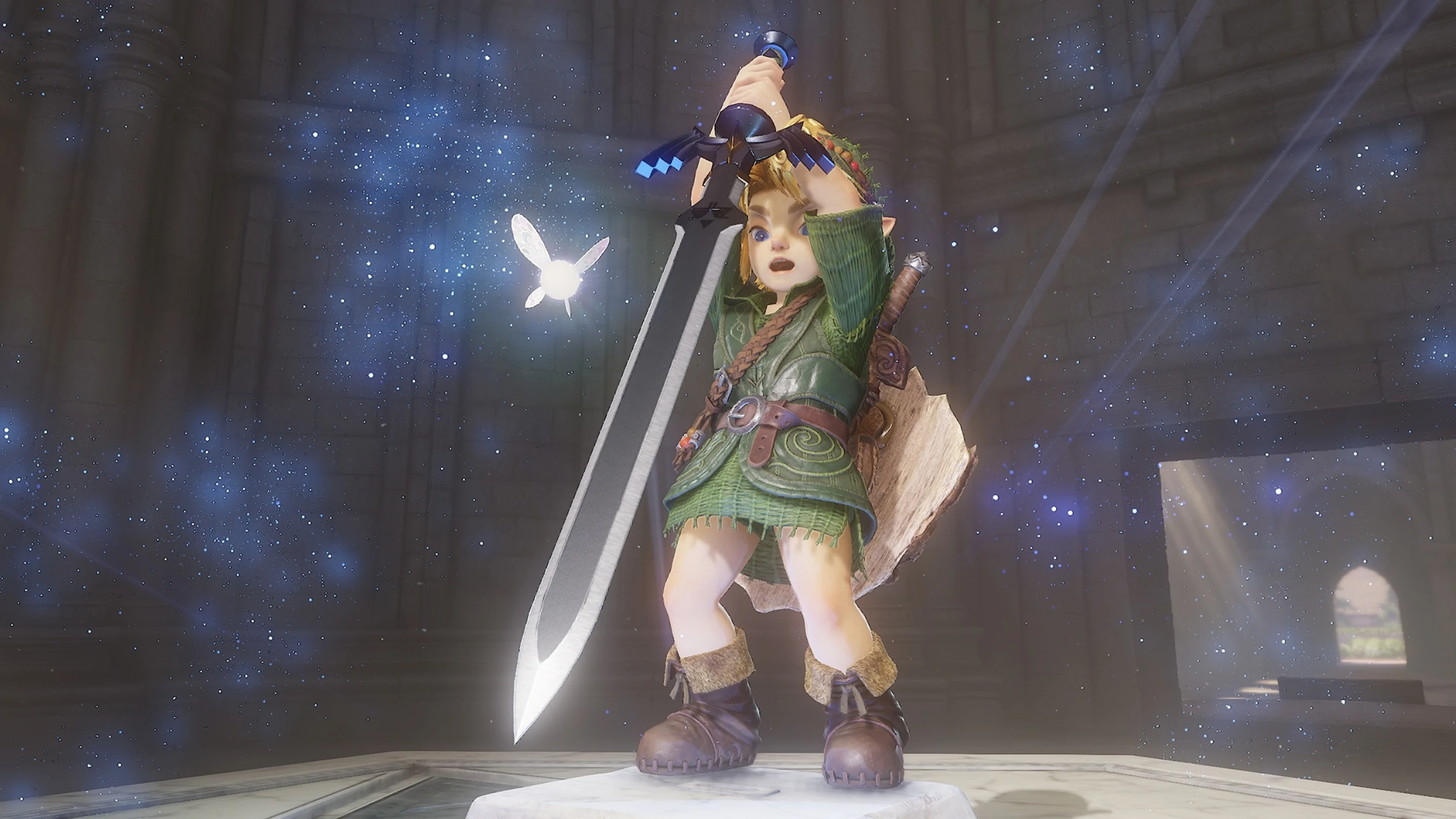 Young Link lifts the Master Sword as blue-white particles and light rays fill the Temple of Time.