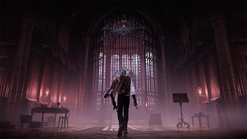 A Bloodsworn character walks through a dark gothic hall in The Duskbloods.