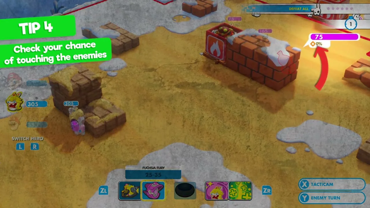 Battle UI shows an enemy protected by a brick wall, a highlighted weapon icon and a target readout with 0 percent.