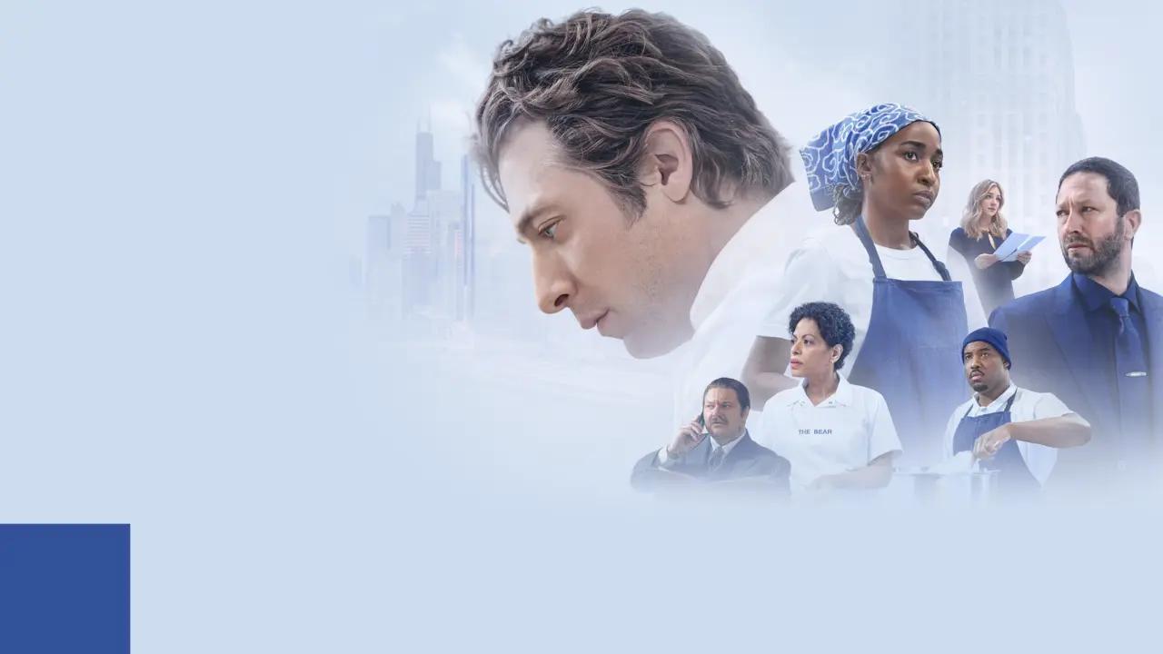Jeremy Allen White and the ensemble of The Bear appear against a pale Chicago skyline in official Hulu artwork.
