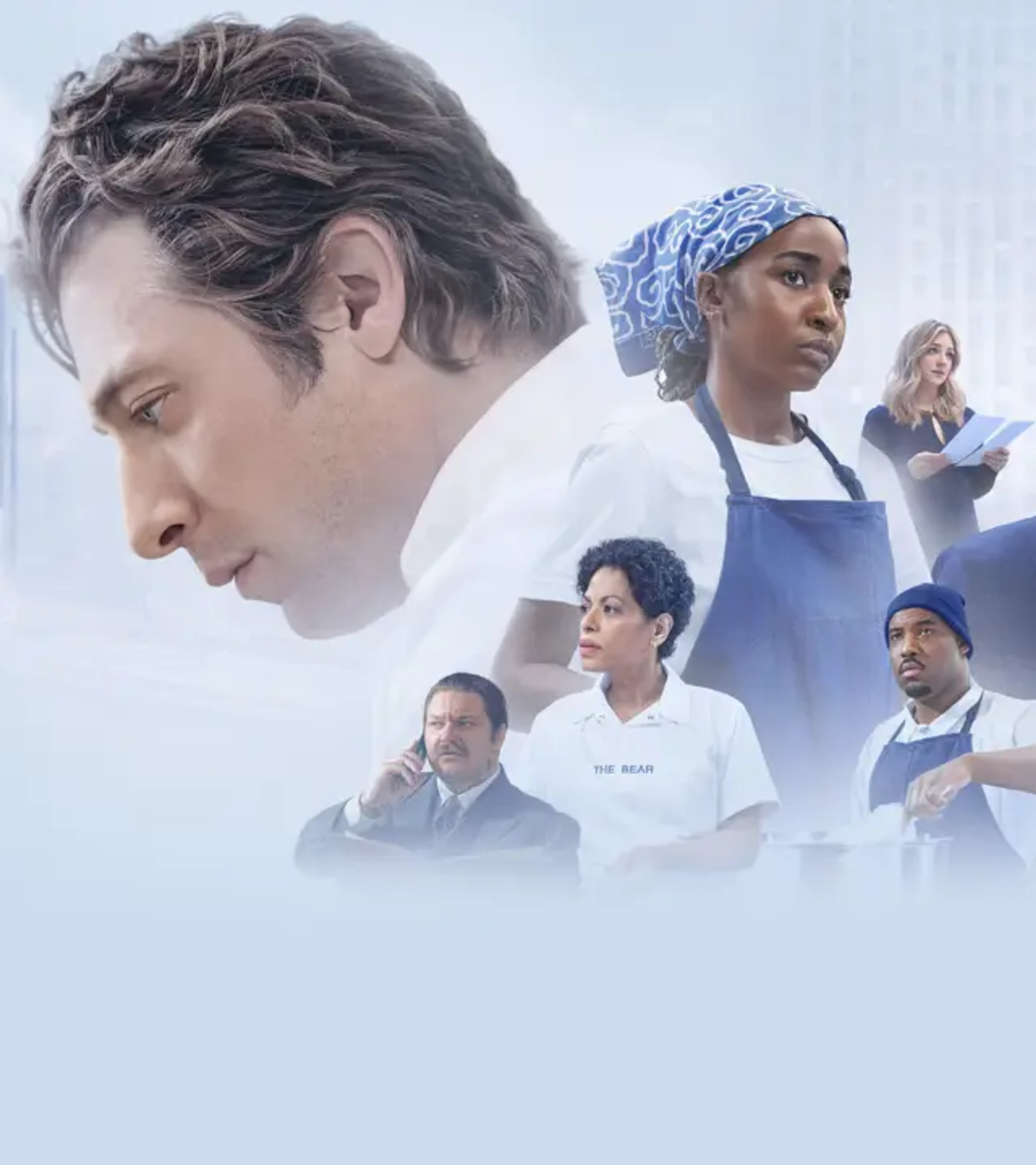 Jeremy Allen White and the ensemble of The Bear appear against a pale Chicago skyline in official Hulu artwork.