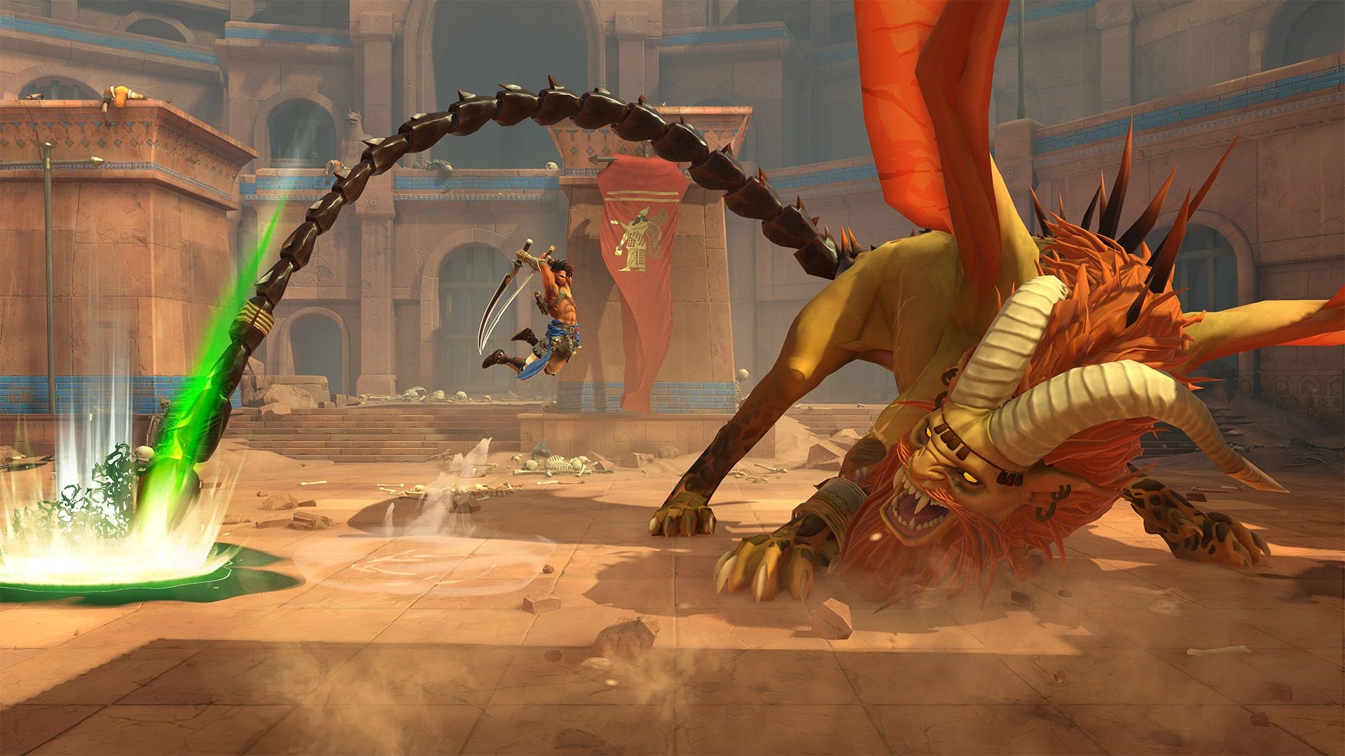 Sargon faces a large manticore-like boss in Prince of Persia The Lost Crown.