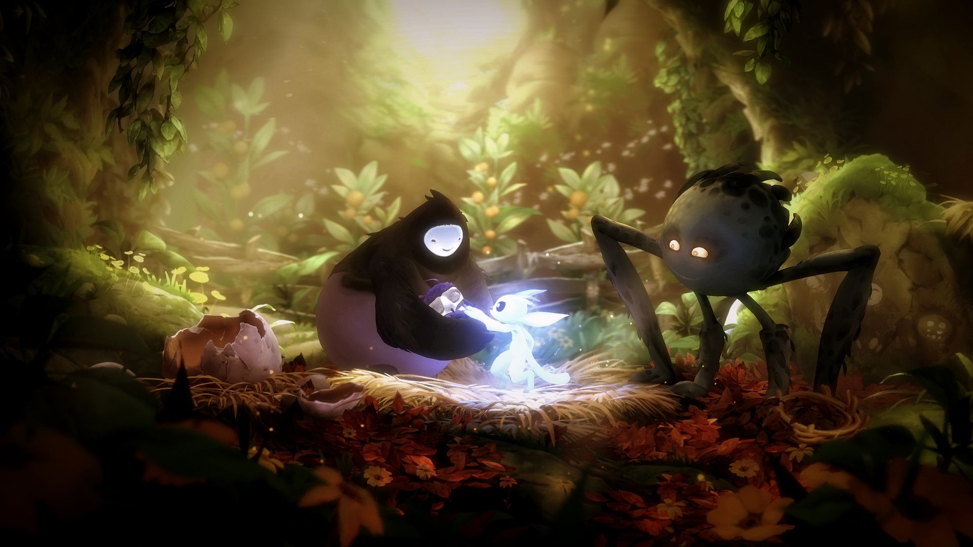 Ori meets young Ku with family nearby in the forest.