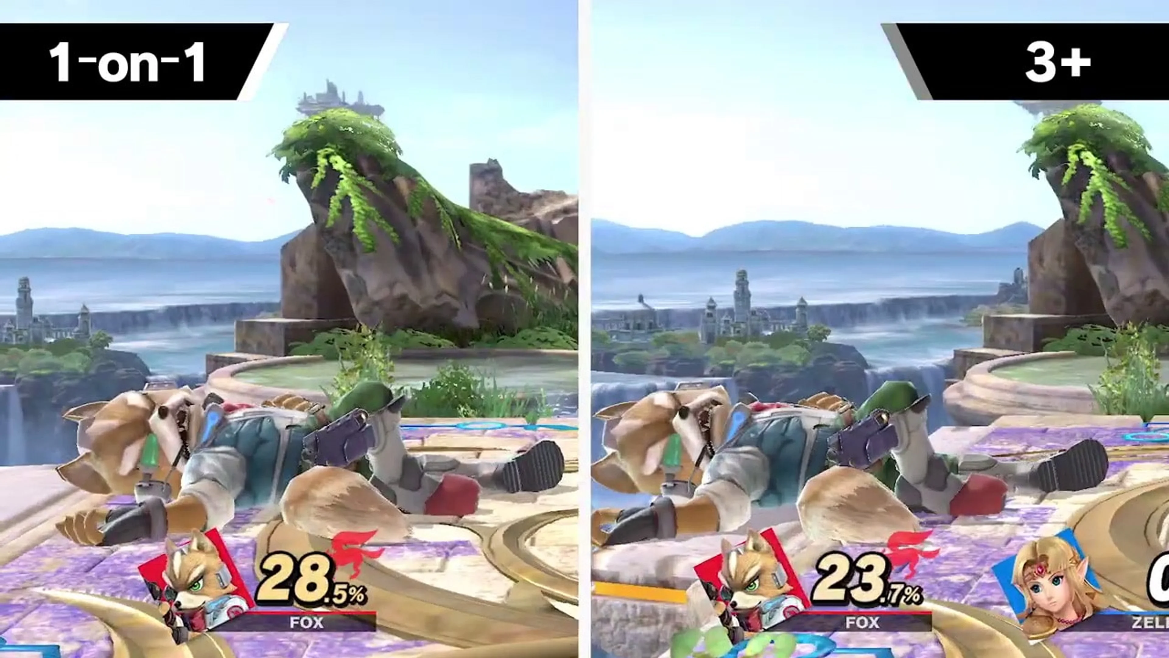 Two views of a one-on-one fight show a fighter percentage around 28 and then 23 beside its portrait.