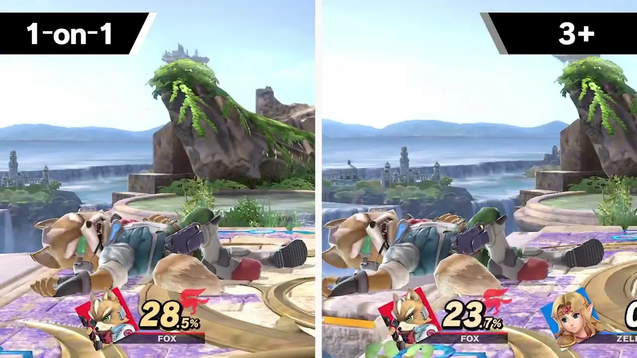 Two views of a one-on-one fight show a fighter percentage around 28 and then 23 beside its portrait.