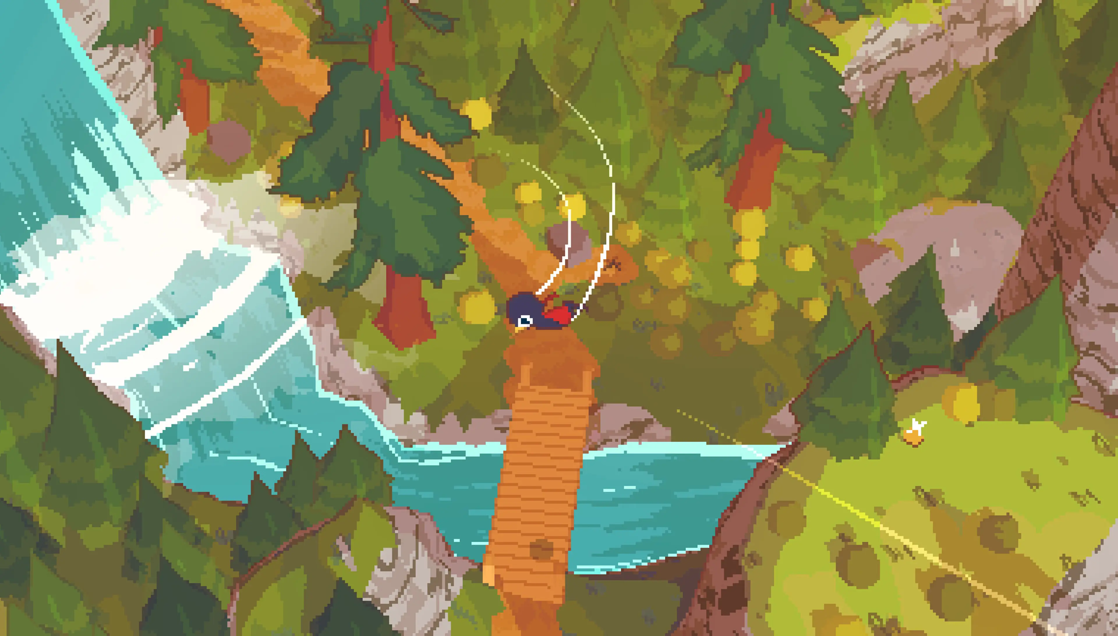 A bird character gliding near a waterfall and wooden bridge in A Short Hike.