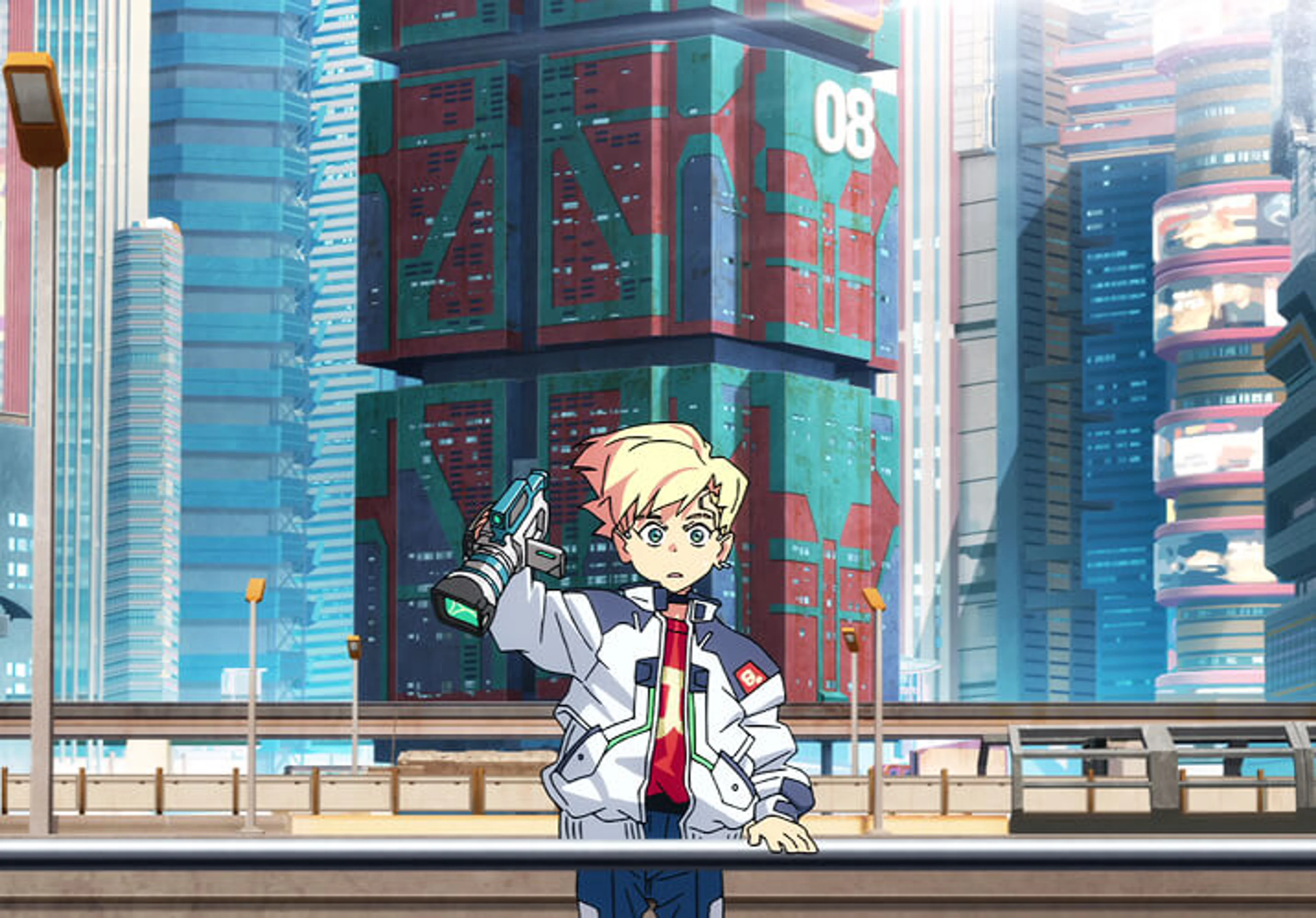 A young Cyberpunk: Edgerunners 2 character stands in front of Night City’s towers in official artwork.