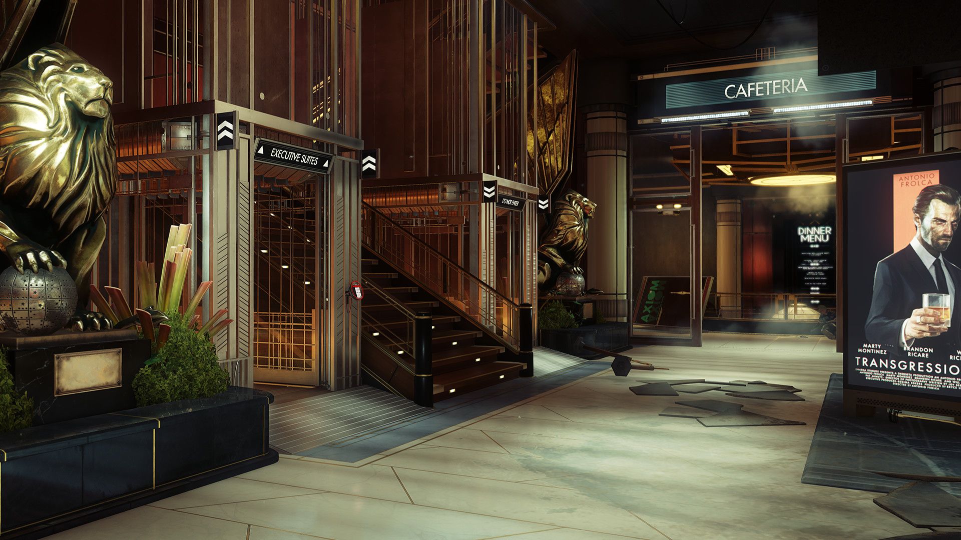 The Talos I lobby has stairs, signage and a security area.