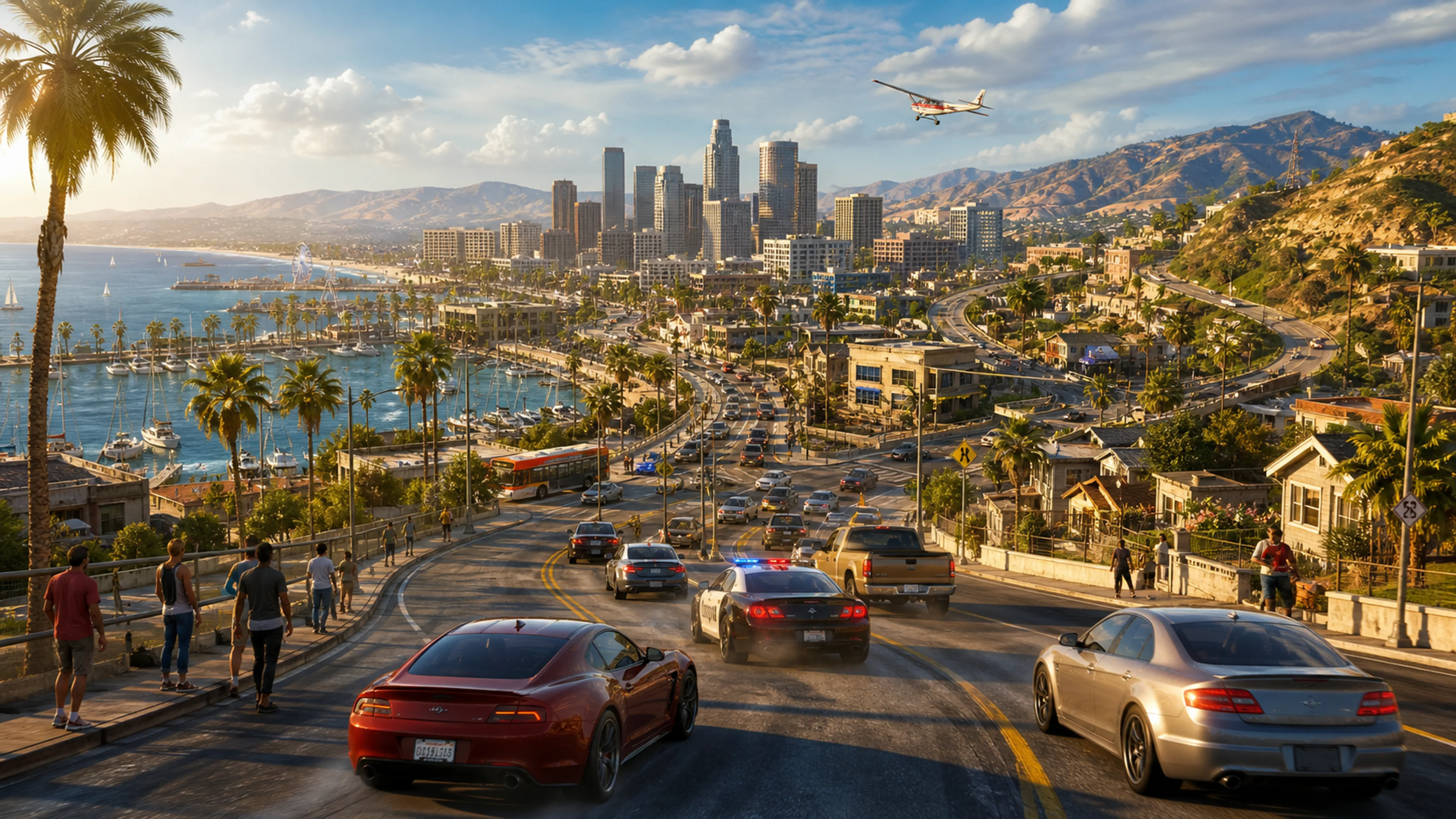 Grand Theft Auto V characters overlooking Los Santos