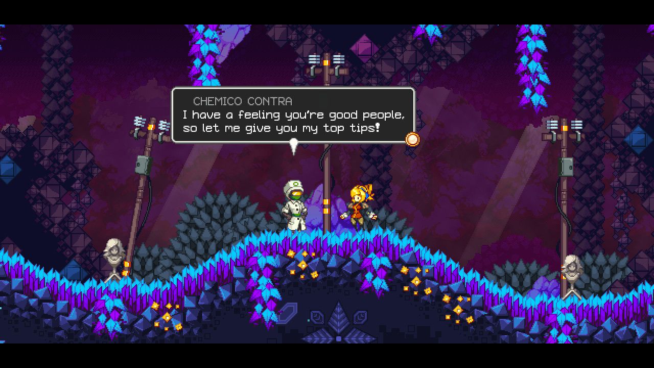 Robin talks to a character in a crystal-lined cave. Dialogue pauses the side-view action.