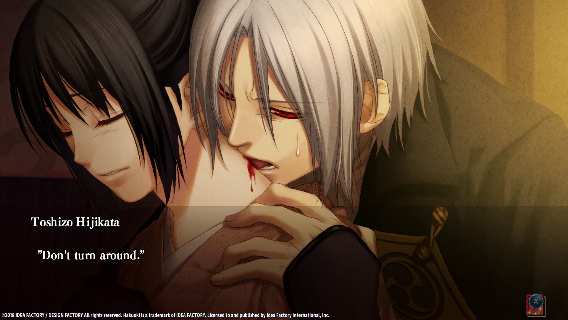 A white-haired character embraces Chizuru during a conversation in Hakuoki: Edo Blossoms.