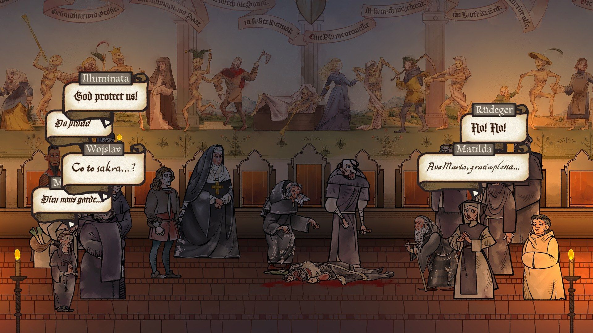 Characters speak through illustrated speech bubbles inside an abbey.