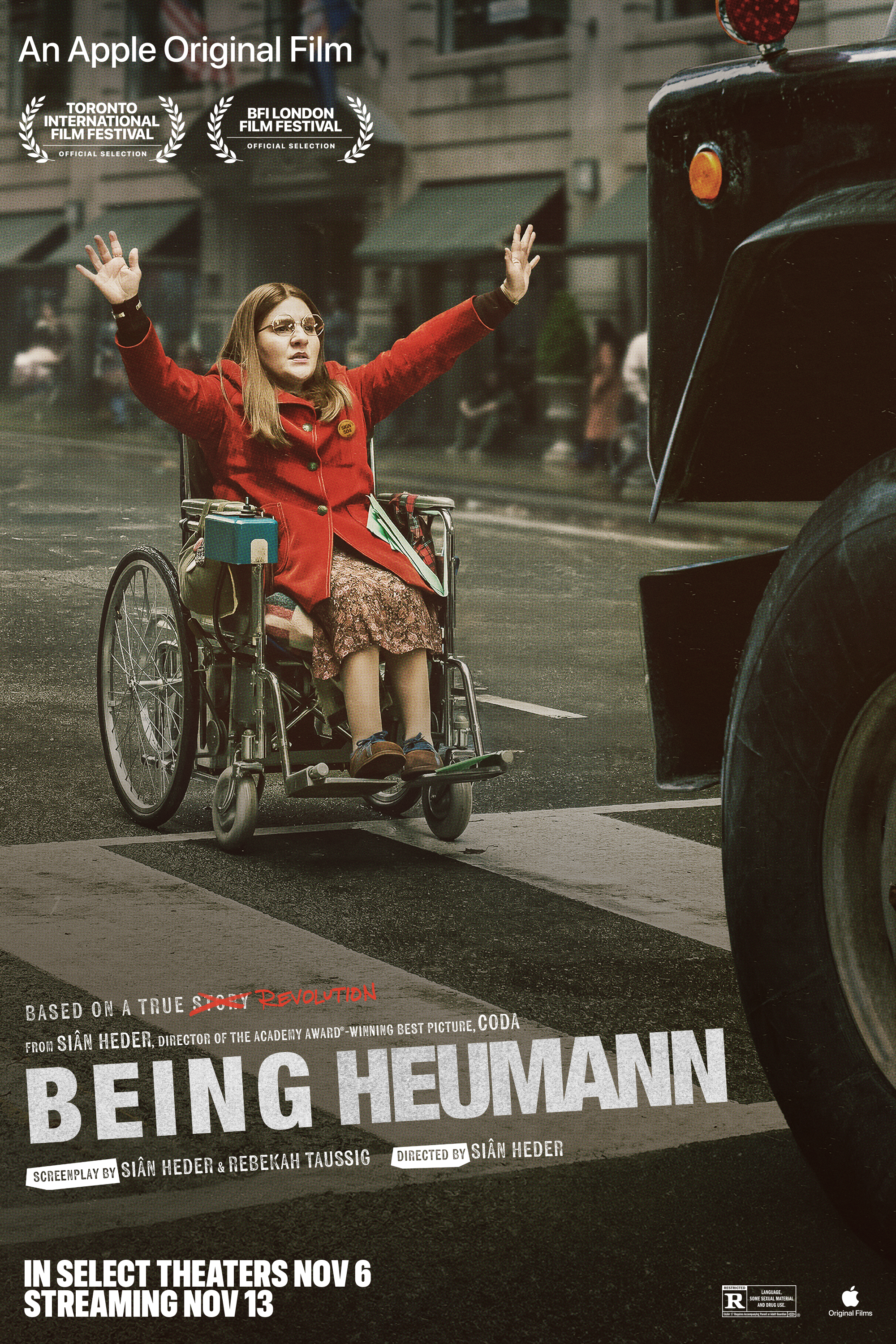 Portrait Being Heumann key art with Ruth Madeley as Judy Heumann raising both arms in her wheelchair.