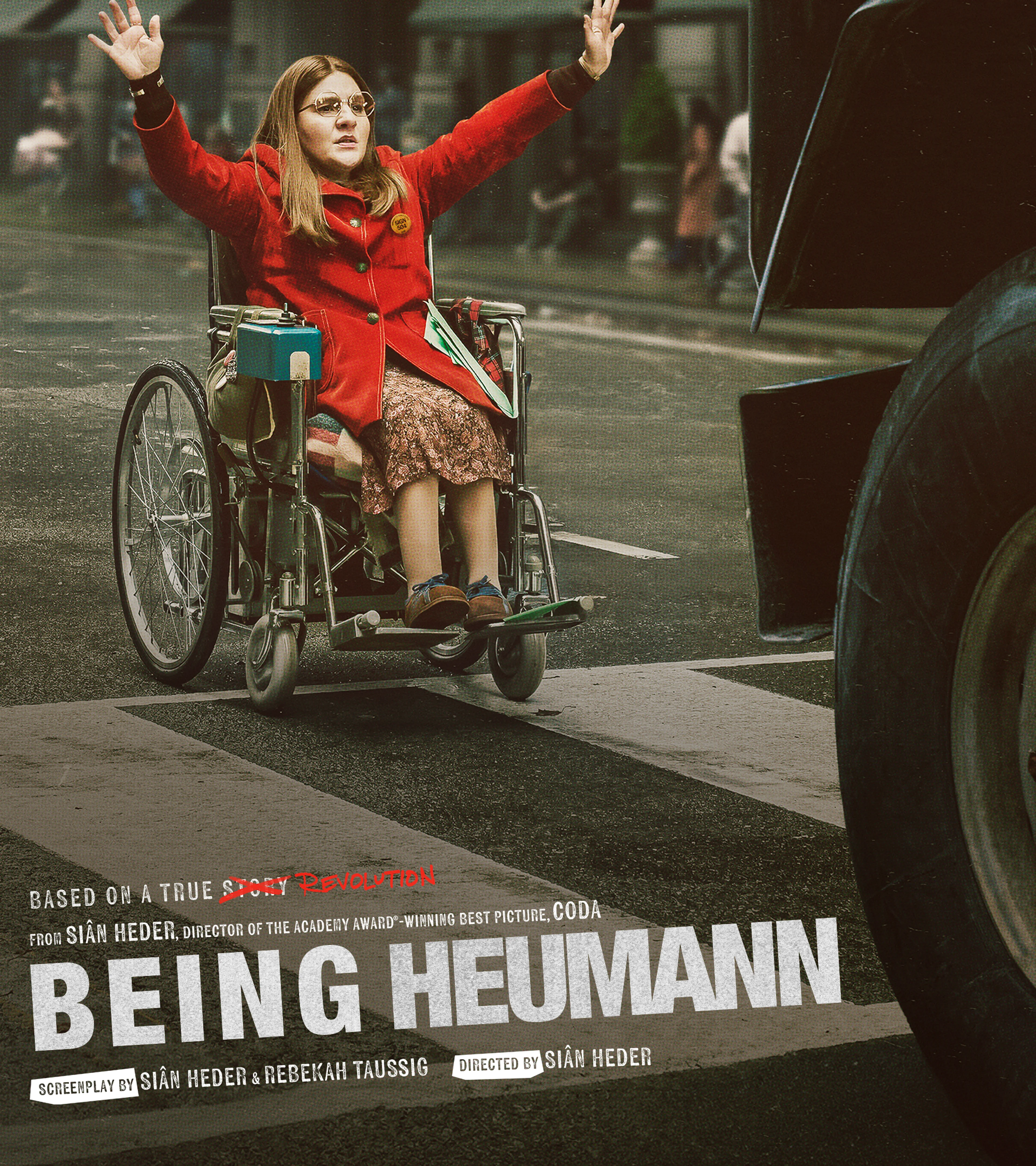 Portrait Being Heumann key art with Ruth Madeley as Judy Heumann raising both arms in her wheelchair.