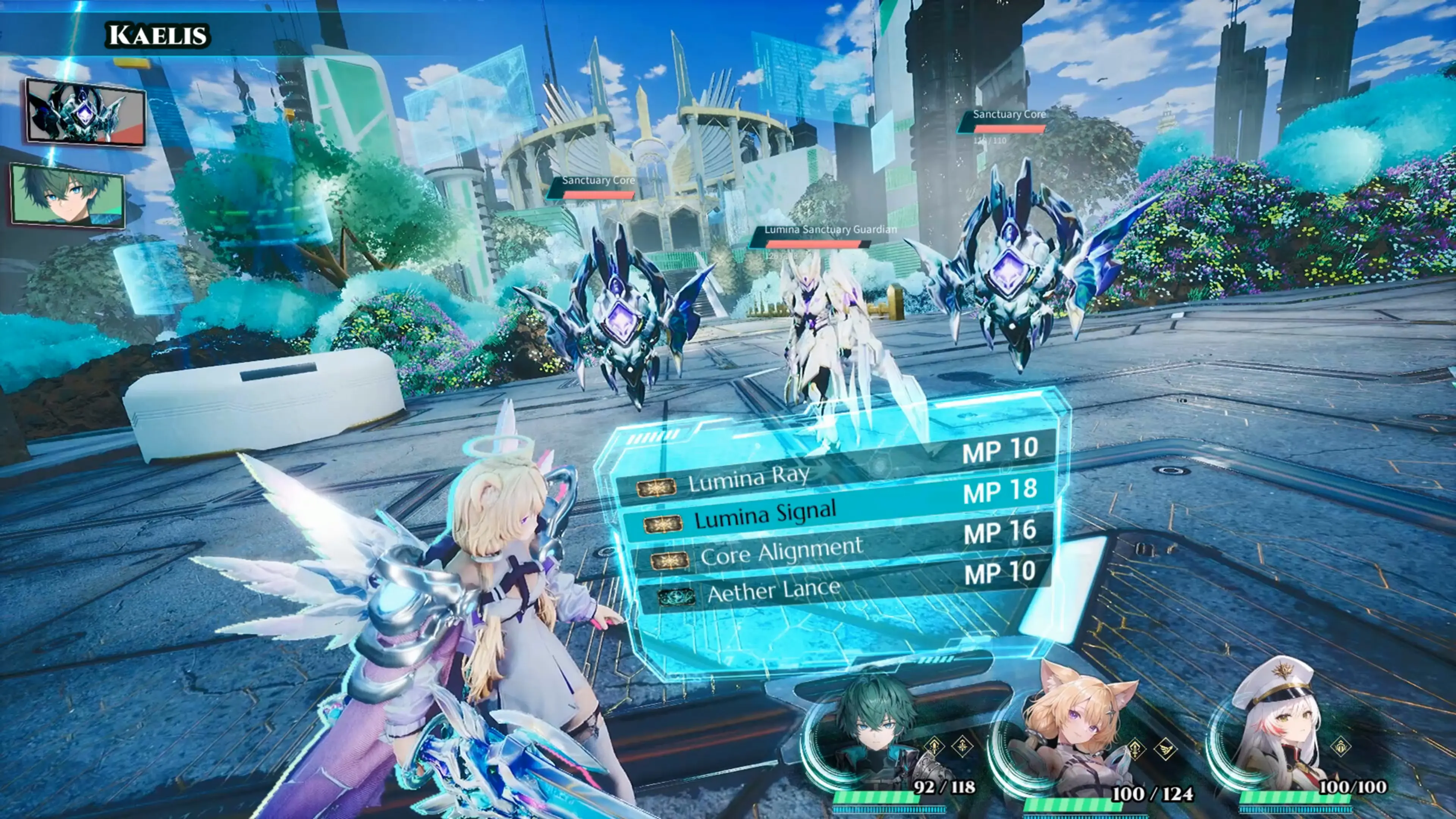 A Guardian selects a Lumina skill during a bright outdoor turn-based battle in Kaelis.