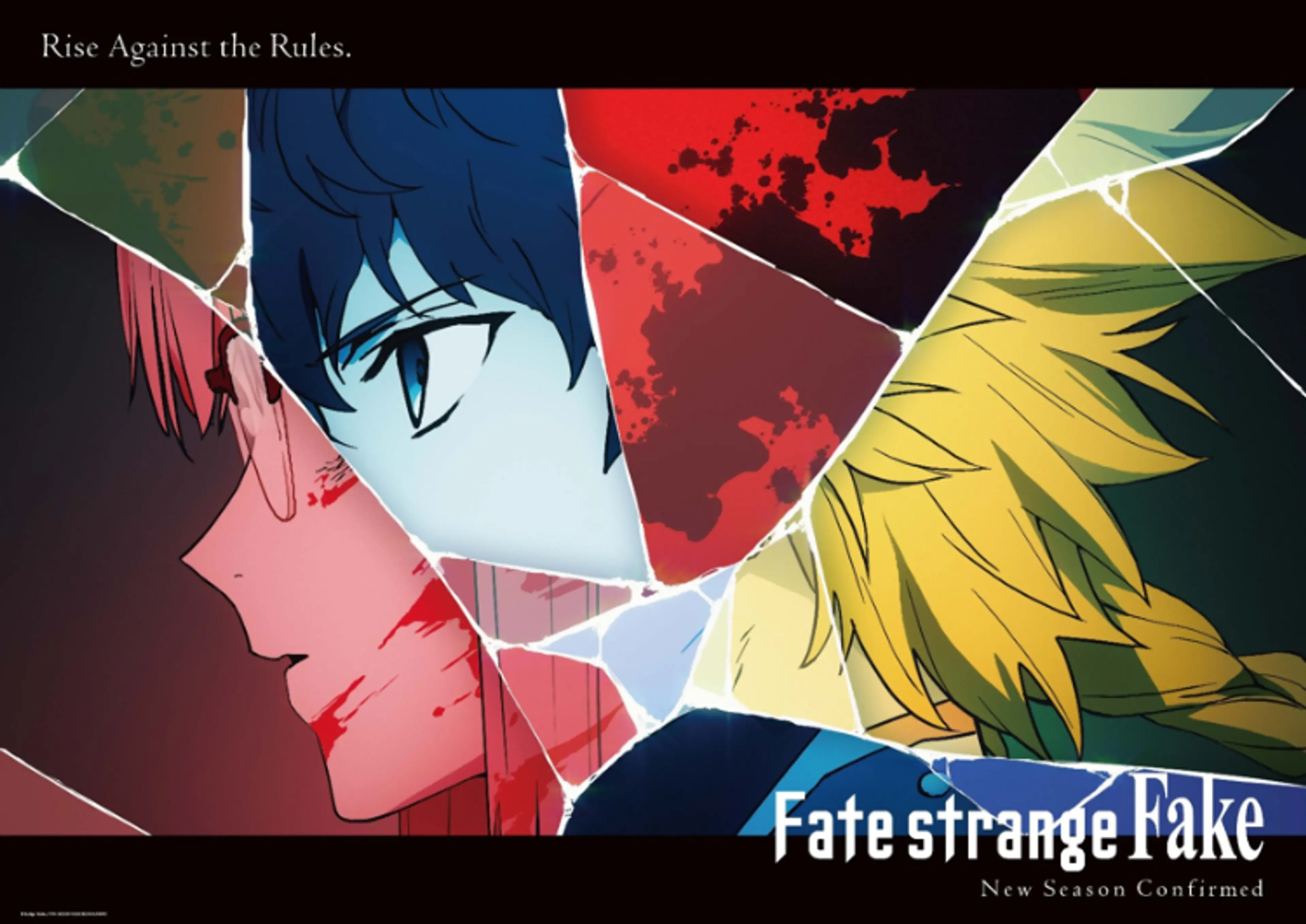 Official Fate/strange Fake teaser visual showing shattered portraits of Ayaka, Saber, and Sigma.