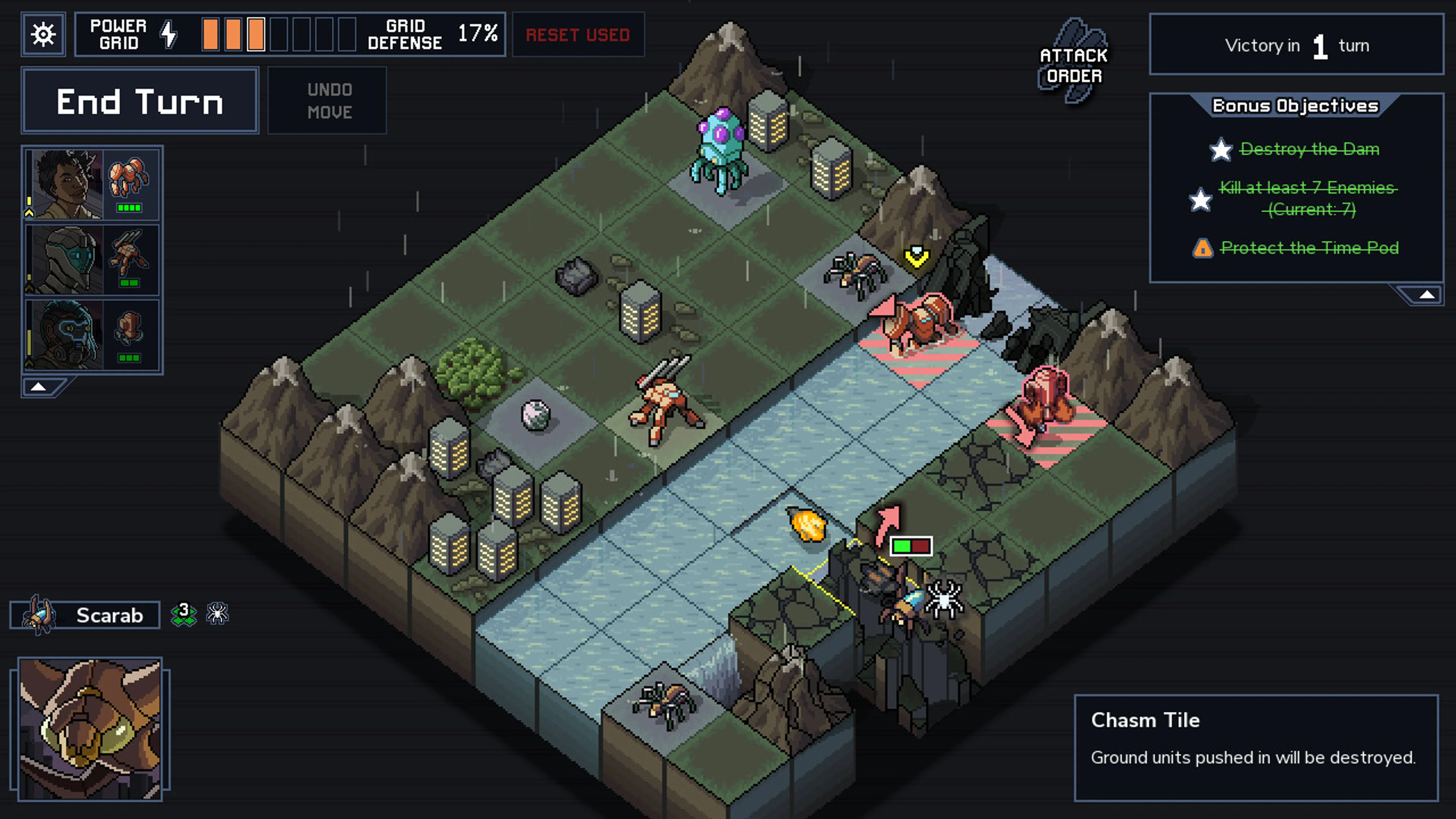 Official Into the Breach battlefield with a river, buildings, Vek, an Attack Order icon and a Chasm Tile explanation at lower right.