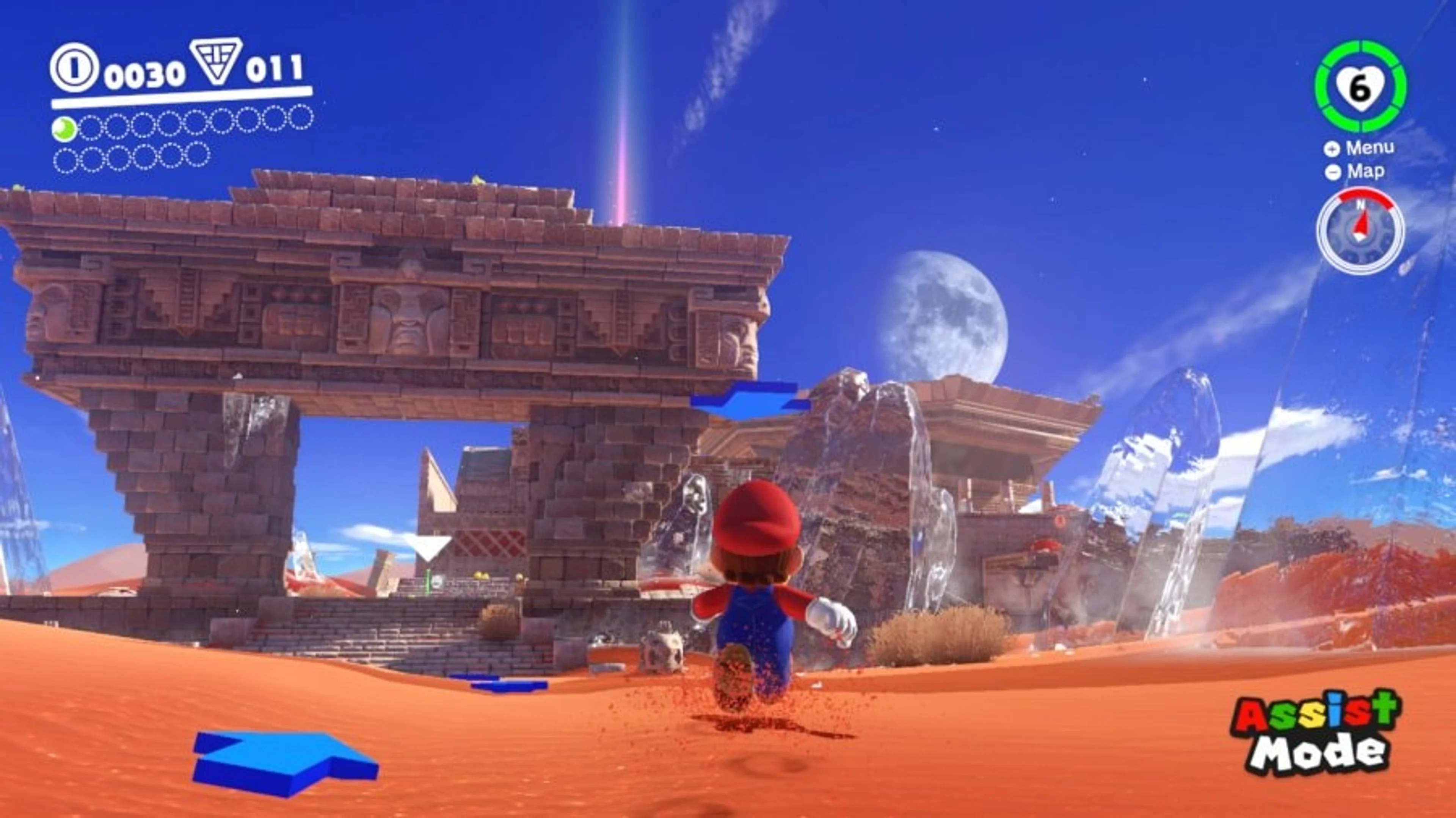 Official gameplay screenshot with a blue arrow on the ground pointing toward the next destination and an Assist Mode label at lower right.