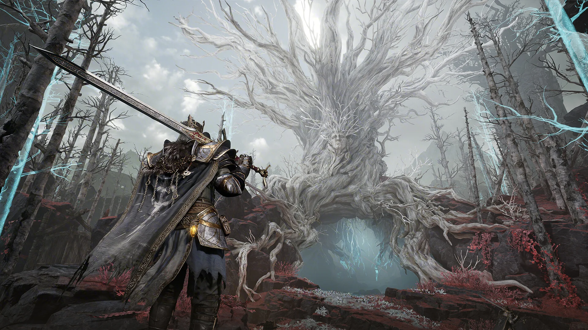 A heavily armored Gyldhunter approaches a huge glowing tree in Hallowgrove.