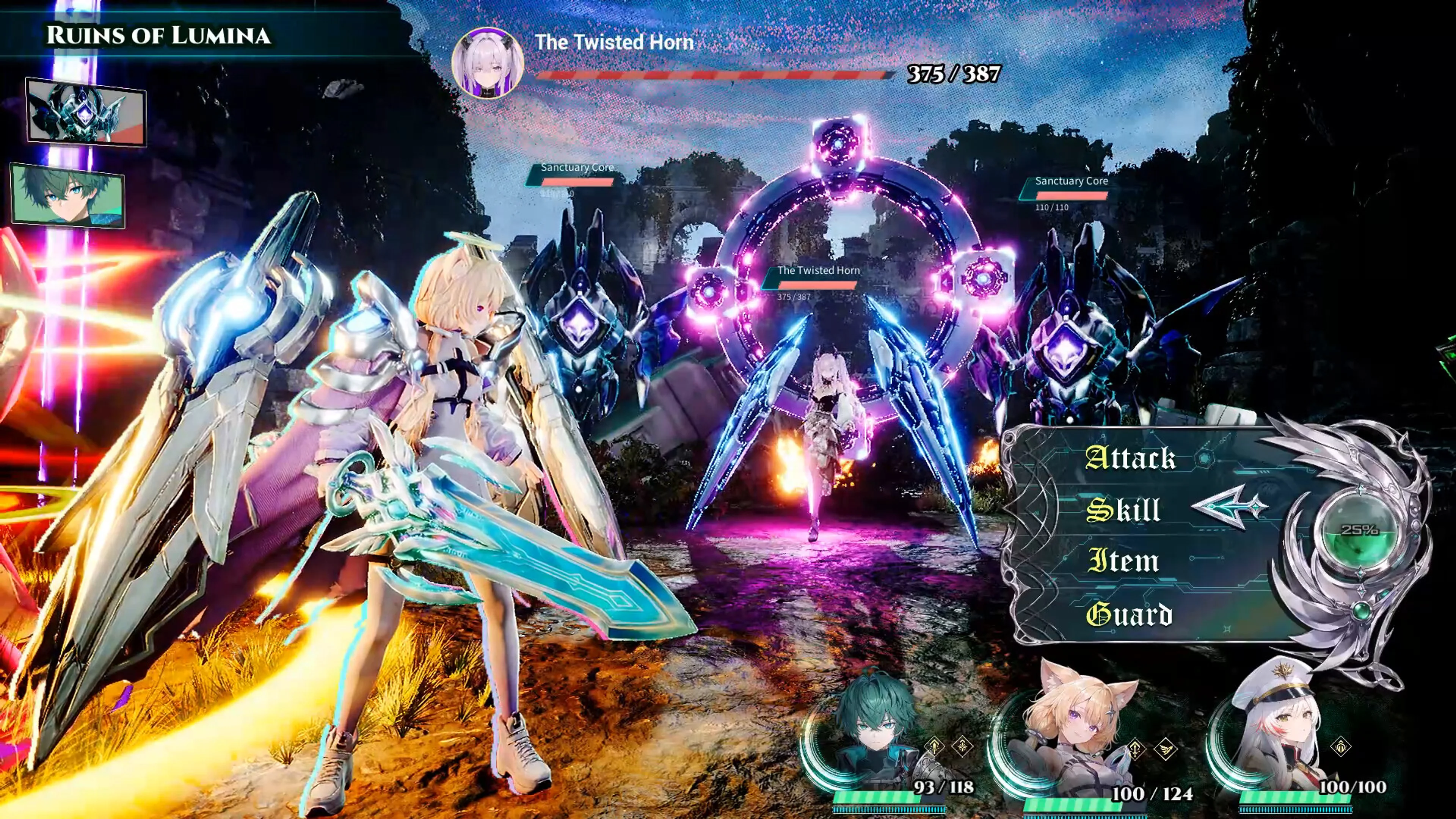 Three Guardians face a mechanical enemy in a sharp Kaelis turn-based battle screenshot.