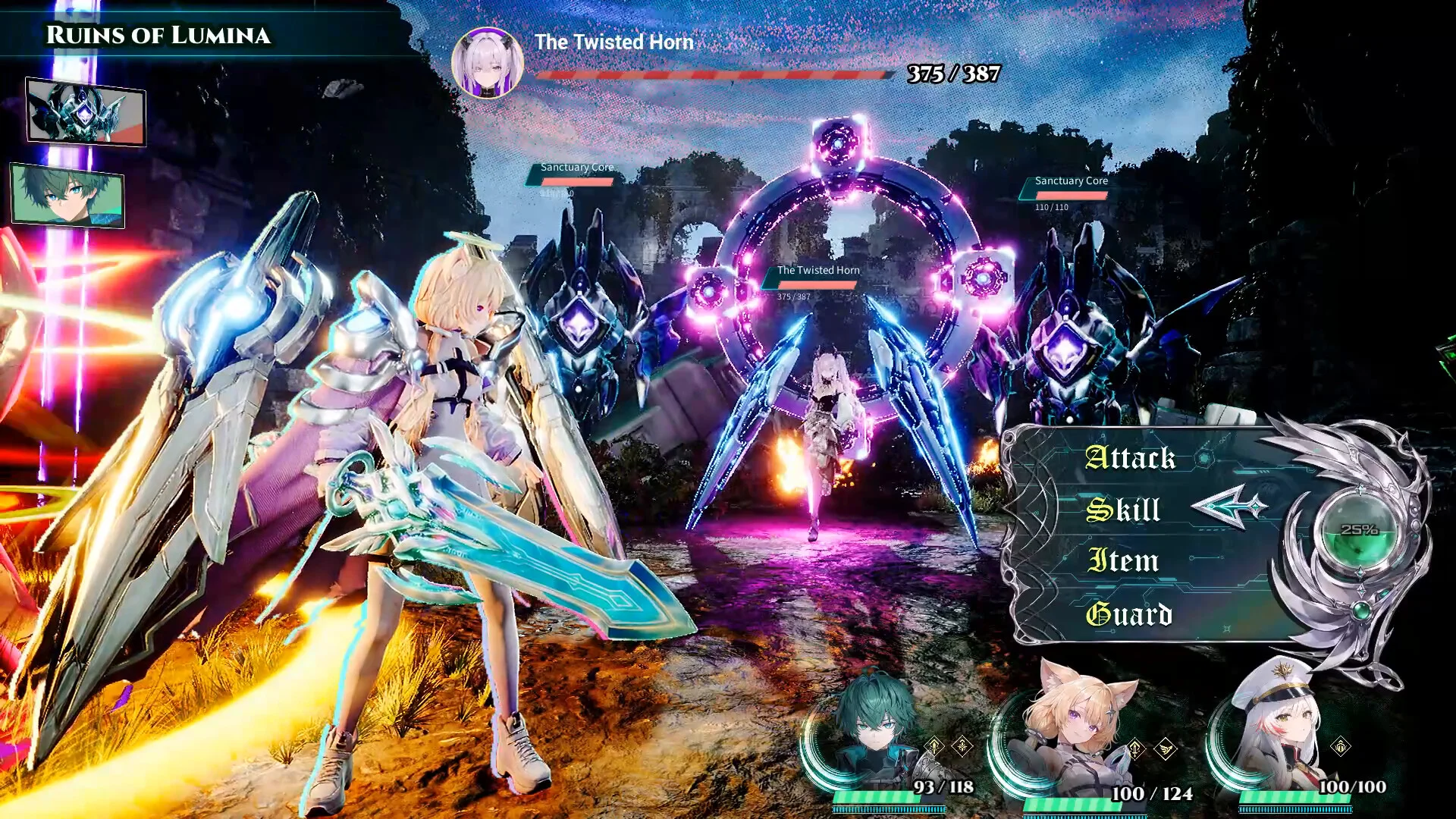 Three Guardians face a mechanical enemy in a sharp Kaelis turn-based battle screenshot.