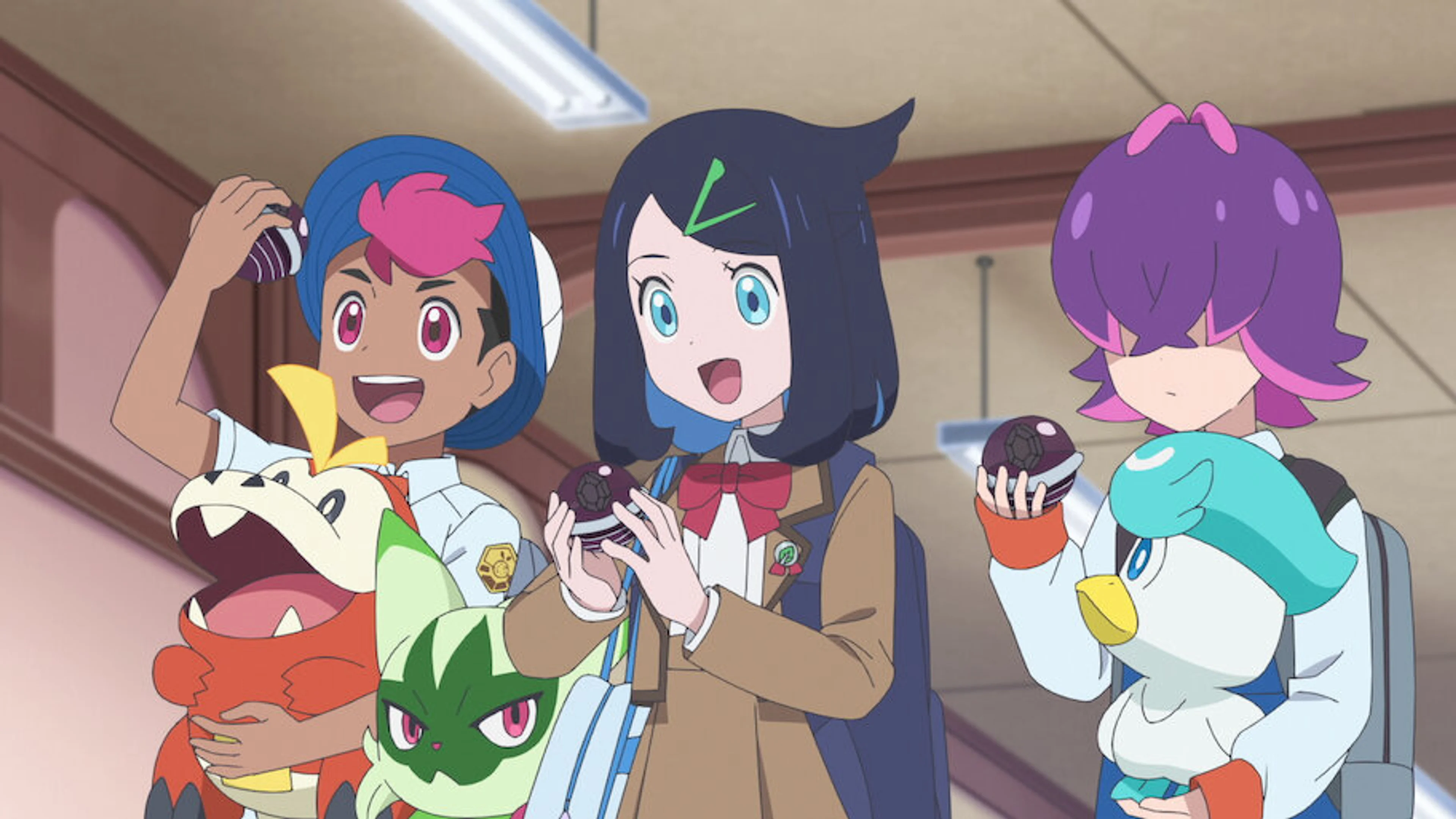 Roy, Liko and Dot smile together with their Pokémon in a brightly drawn scene.