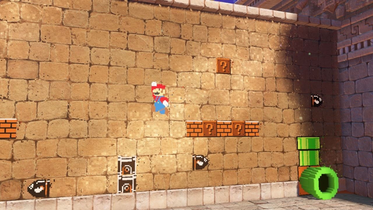 Mario explores a flat 2D wall section with brick blocks and a green pipe.