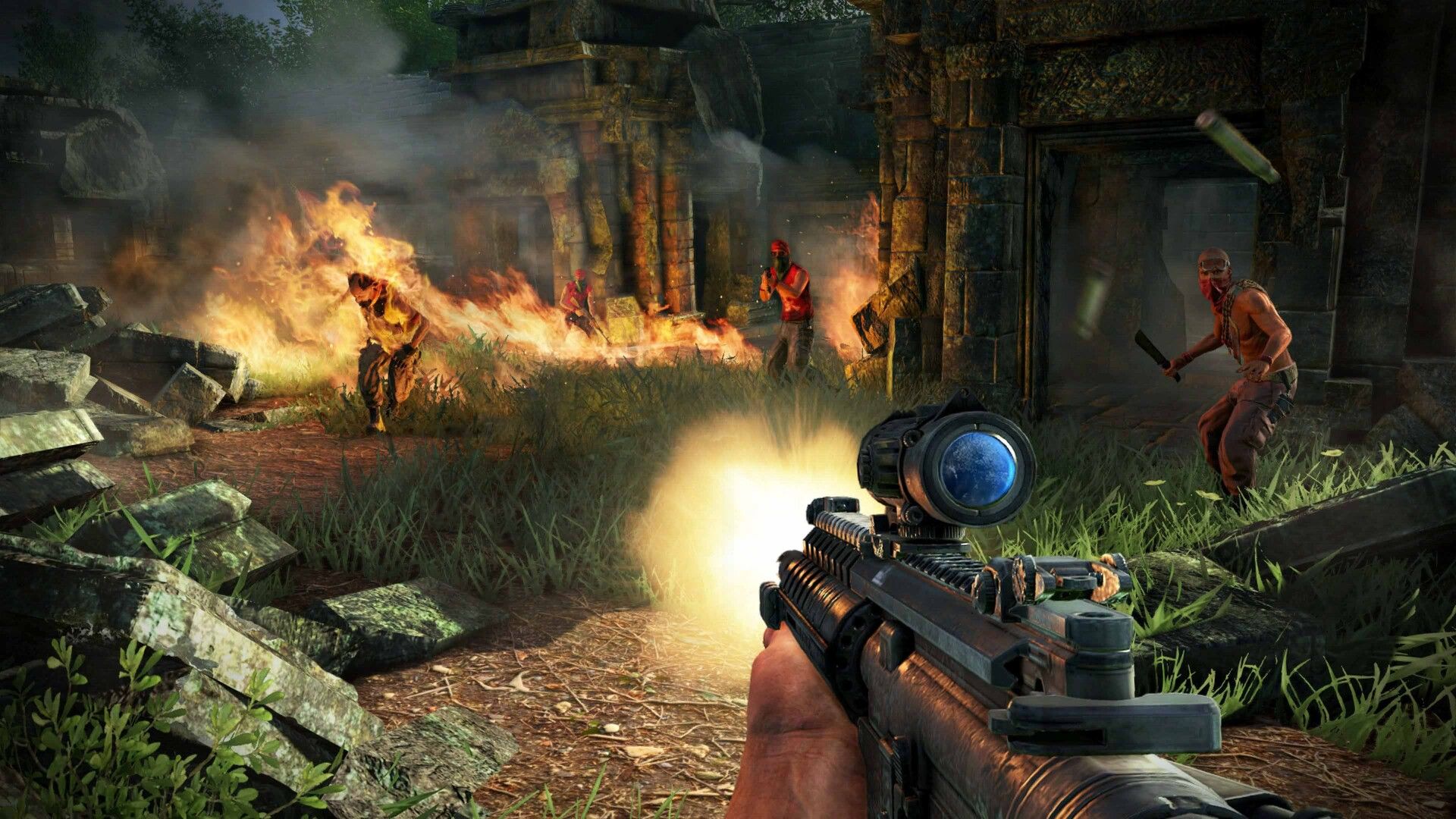 From a first-person view, Jason fires at pirates in fire-lit stone ruins.