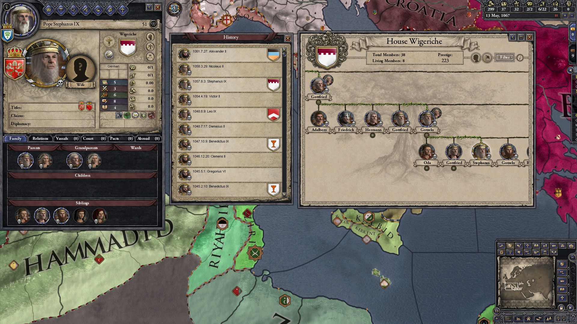 Character details, ruler history and the House Wigeriche family tree fill the interface.