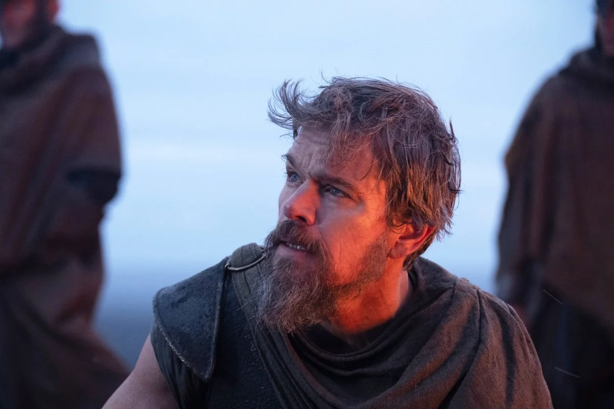 Matt Damon appears in a close-up as Odysseus in The Odyssey.