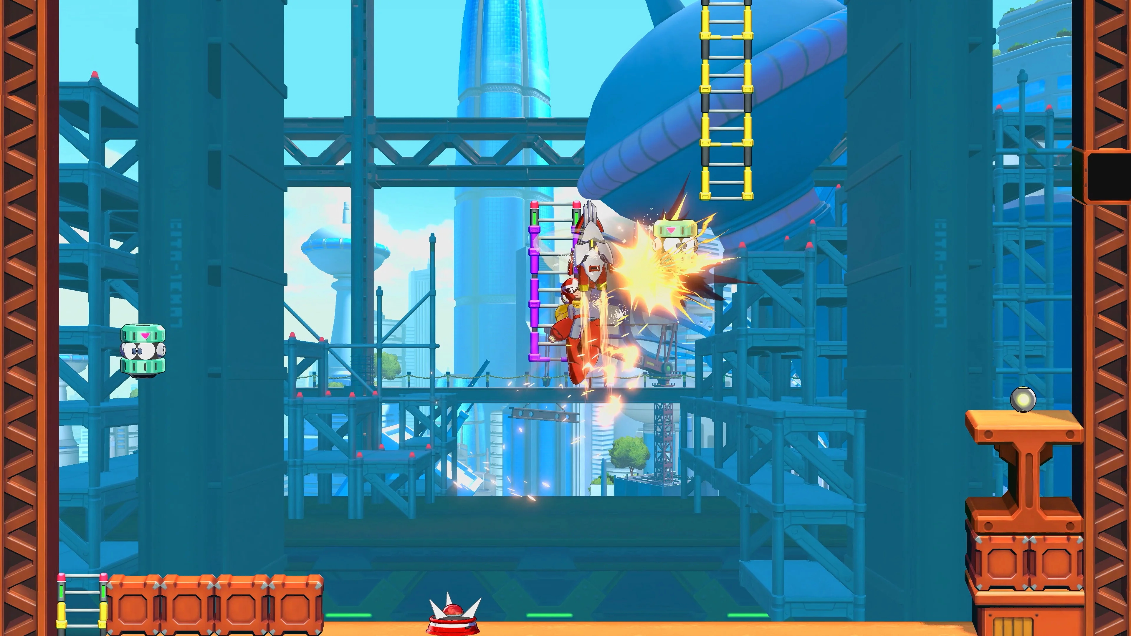 Proto Man moves through a blue industrial stage in Mega Man: Dual Override.