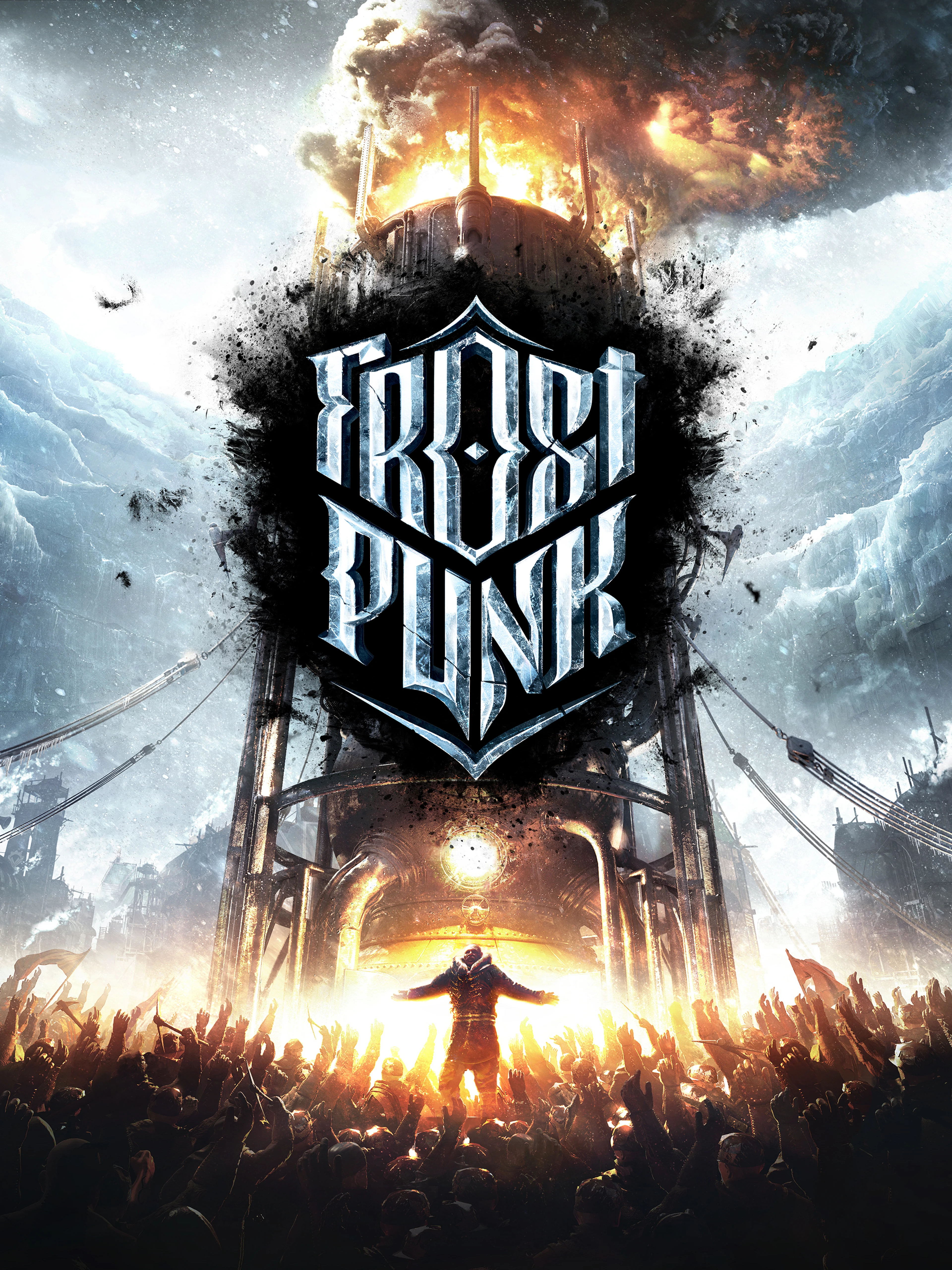 Official Frostpunk poster with the native title over a generator burning in a frozen city.