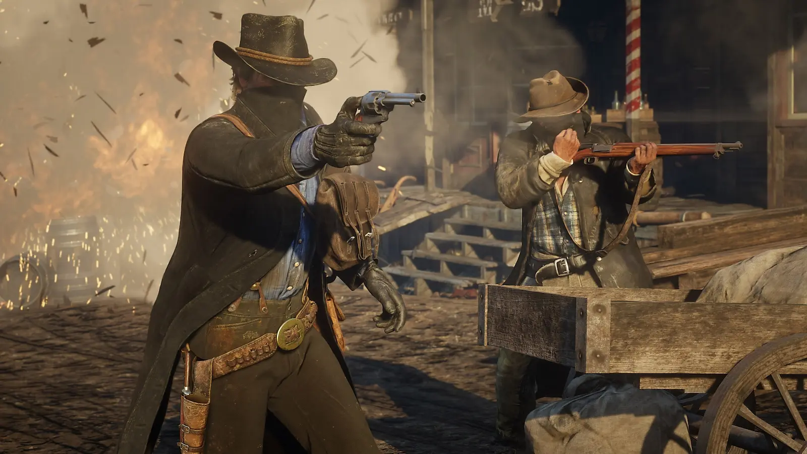 Arthur Morgan aiming a handgun during a fight in Red Dead Redemption 2 Story Mode.