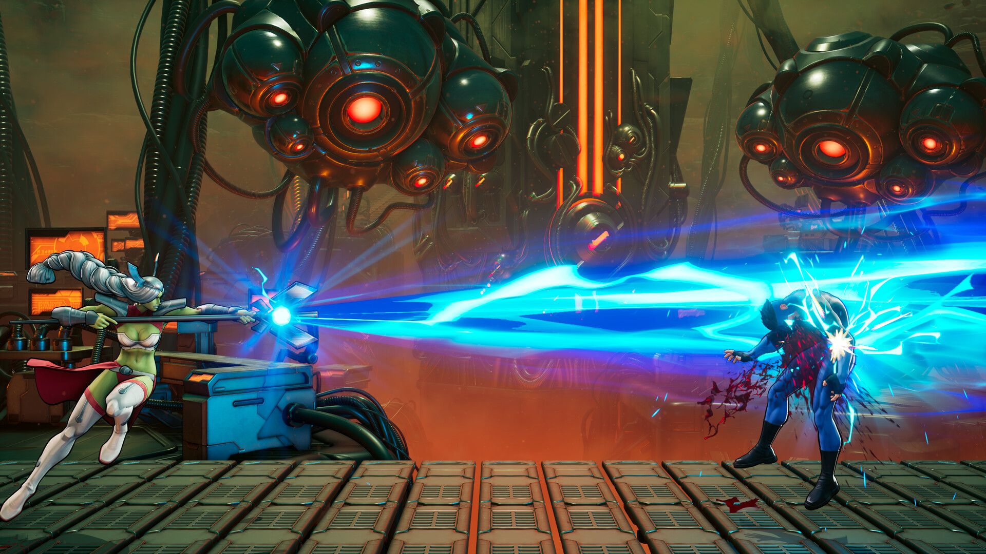 A bright energy attack fills an industrial Invincible VS arena.