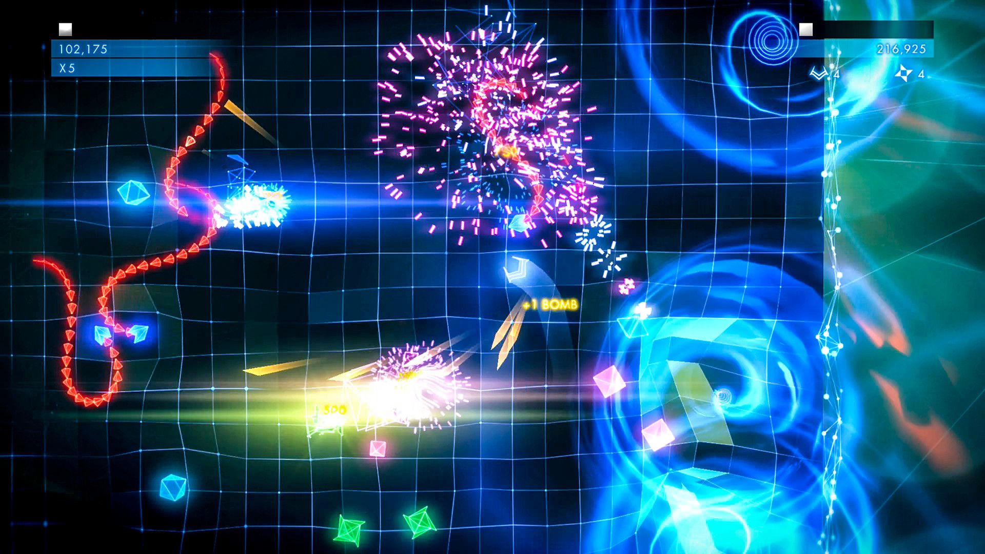 Glowing player ship and colorful enemy shapes cross a flat rectangular grid.