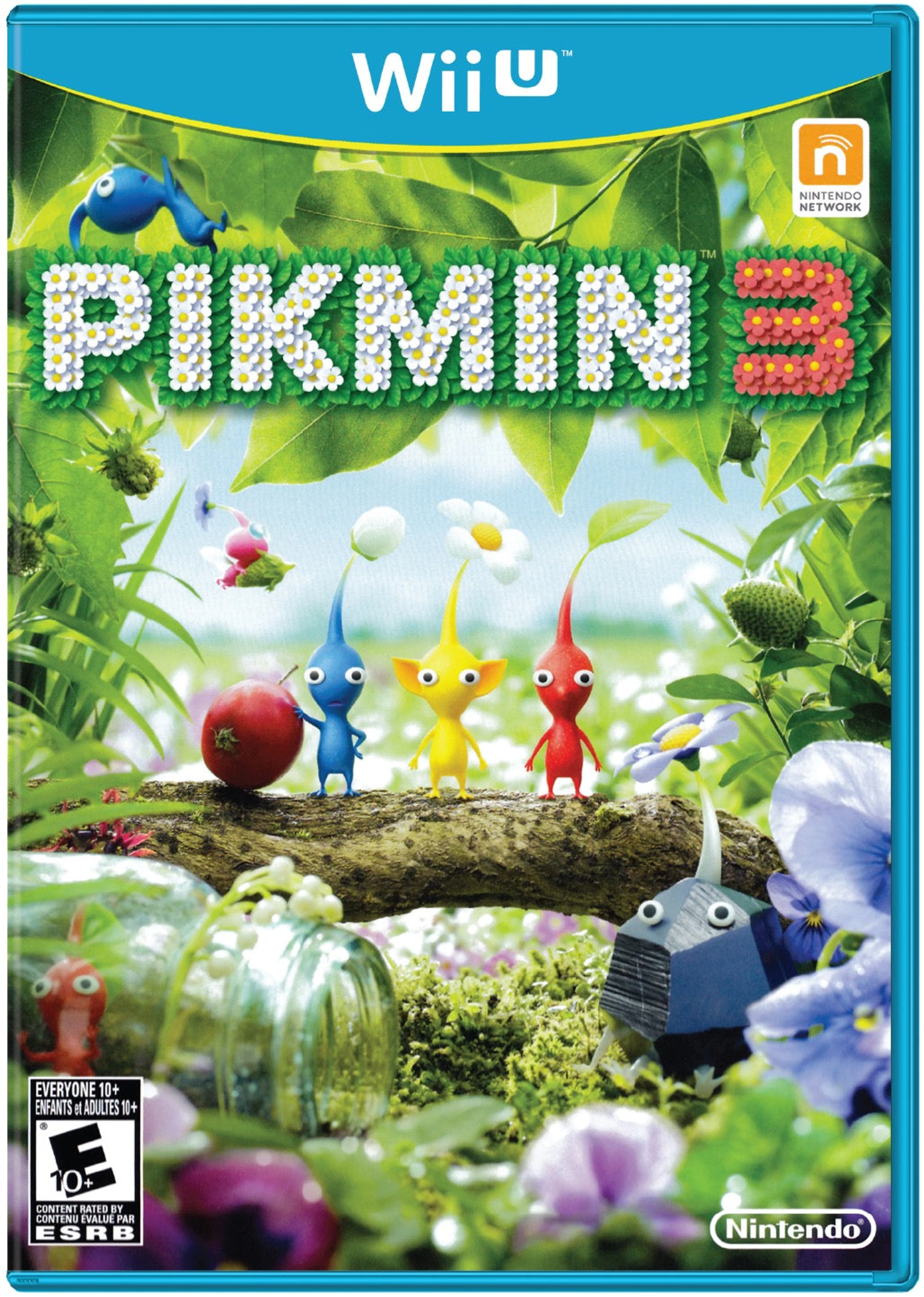 Official Pikmin 3 Wii U cover with Pikmin and plants.