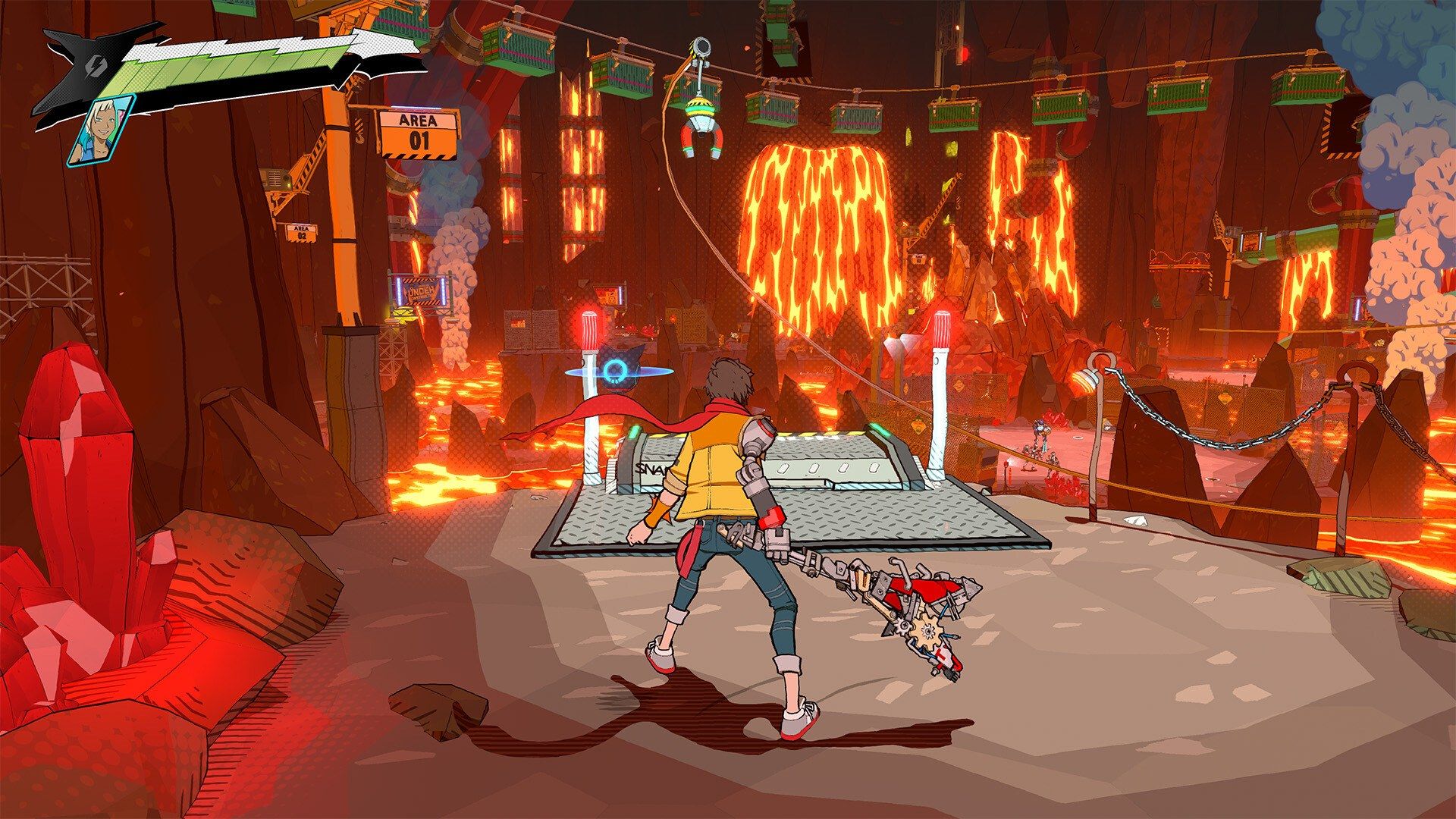 Chai stands before a lava-filled industrial platforming area.