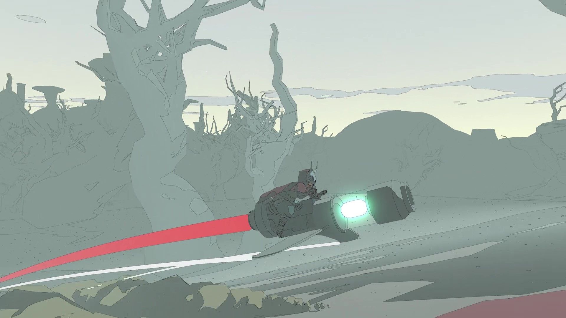 A hoverbike passes dark trees with its headlight shining in Sable.