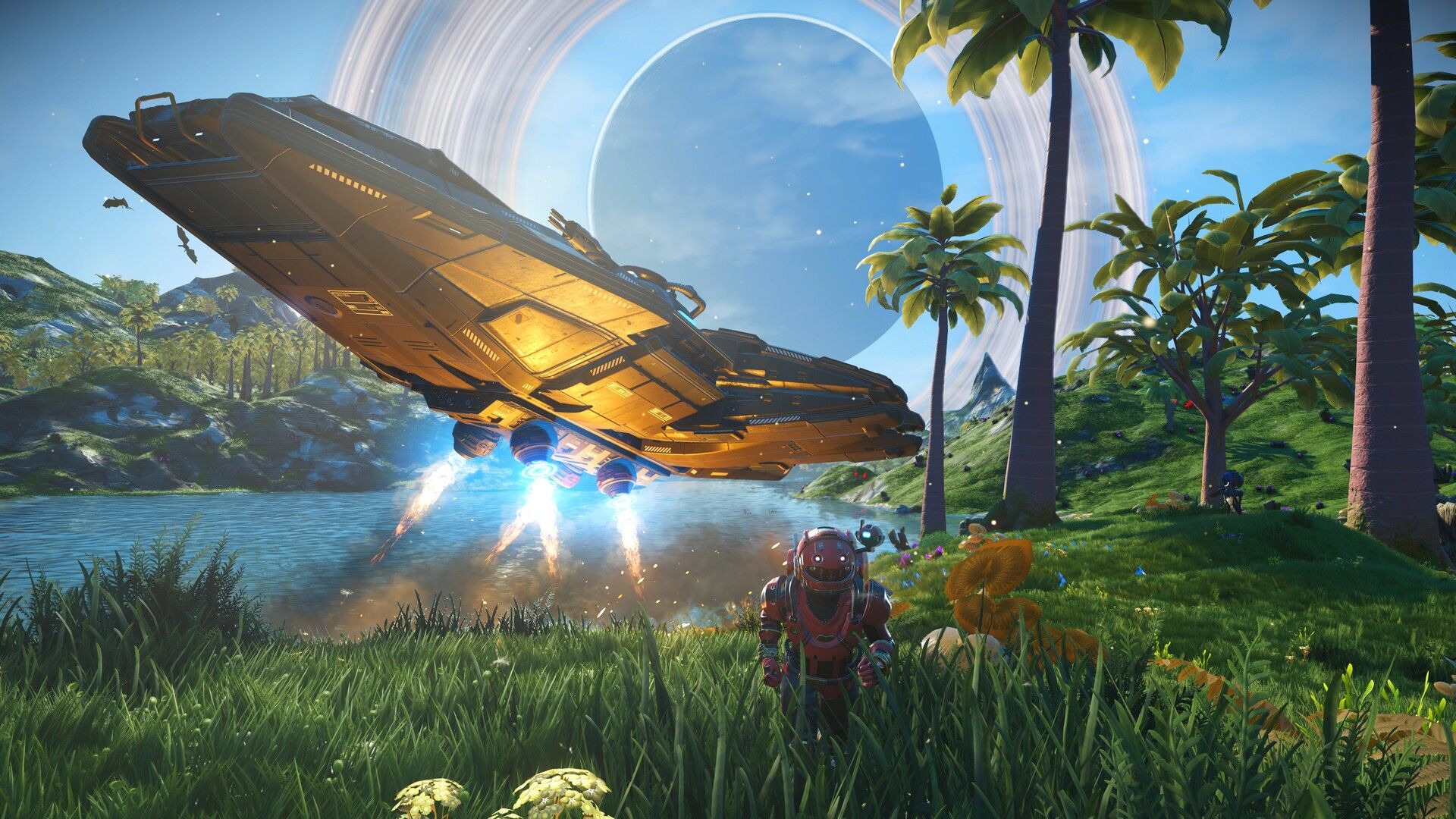 A golden spacecraft lifts off beside a traveler on a tropical planet in No Man's Sky.