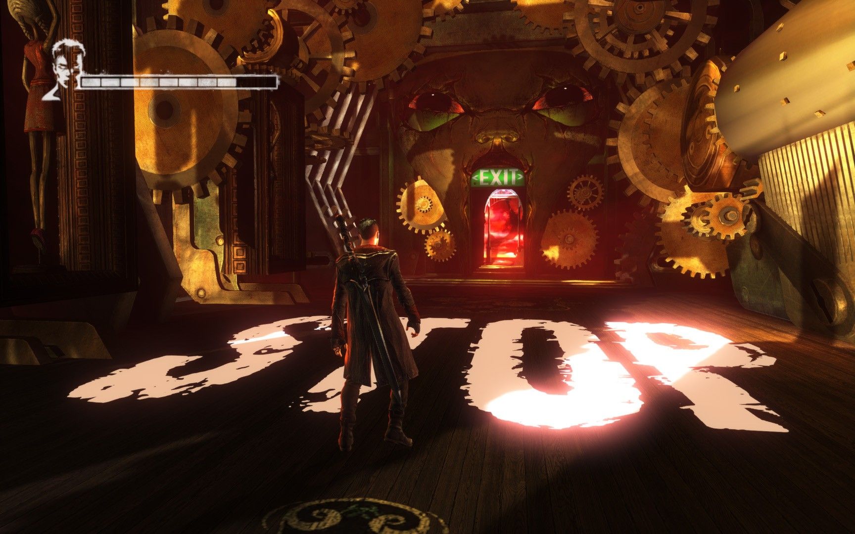 Dante stands in a dark interior with a bright opening ahead.
