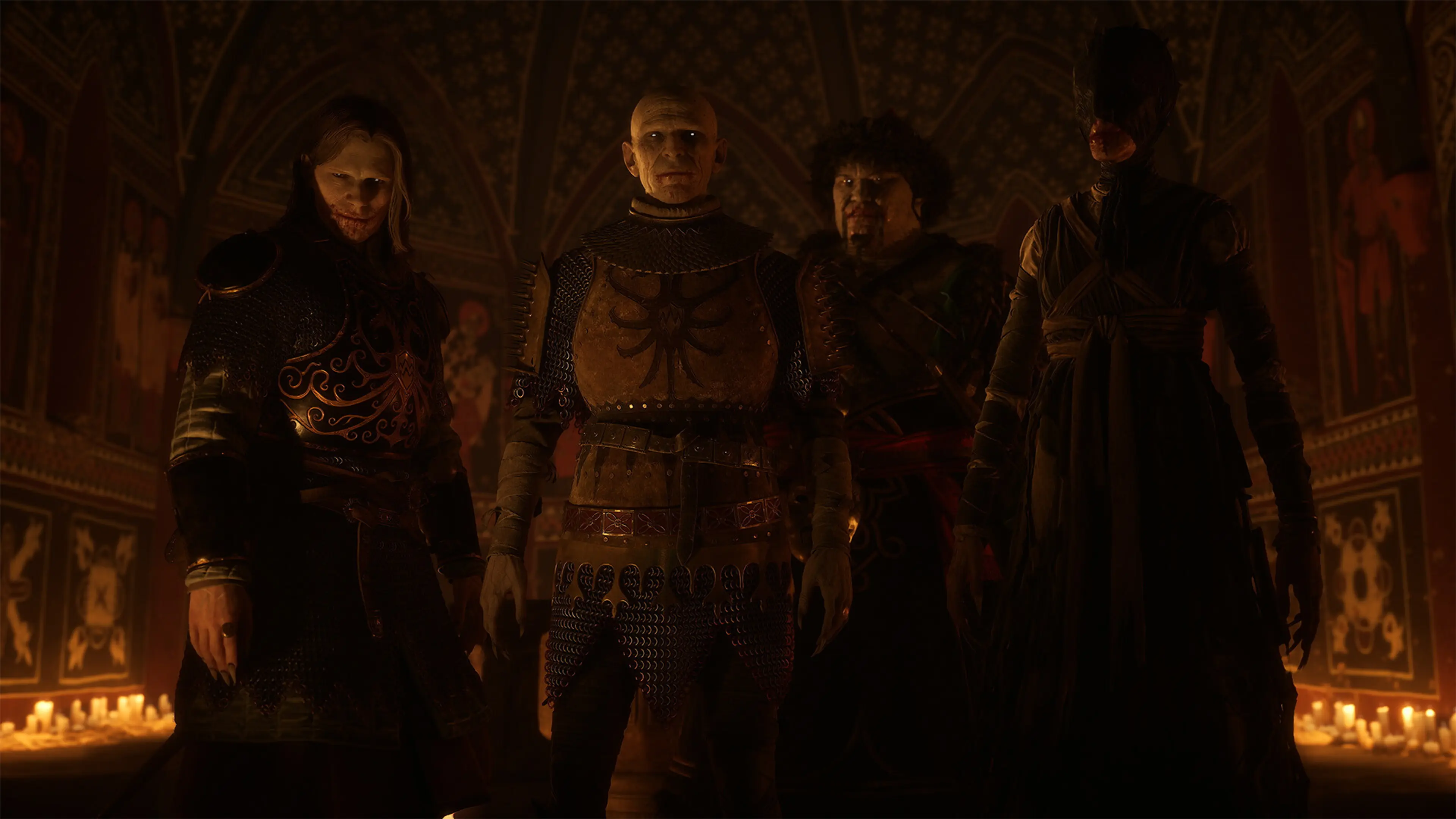 Four members of a vampire court stand in a candlelit hall in The Blood of Dawnwalker.