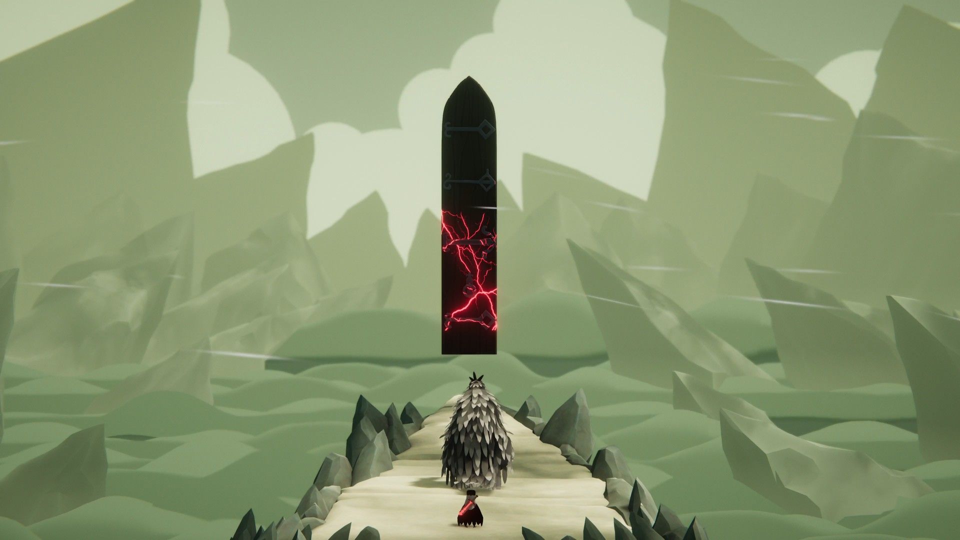 The crow faces a tall black doorway in a pale landscape.
