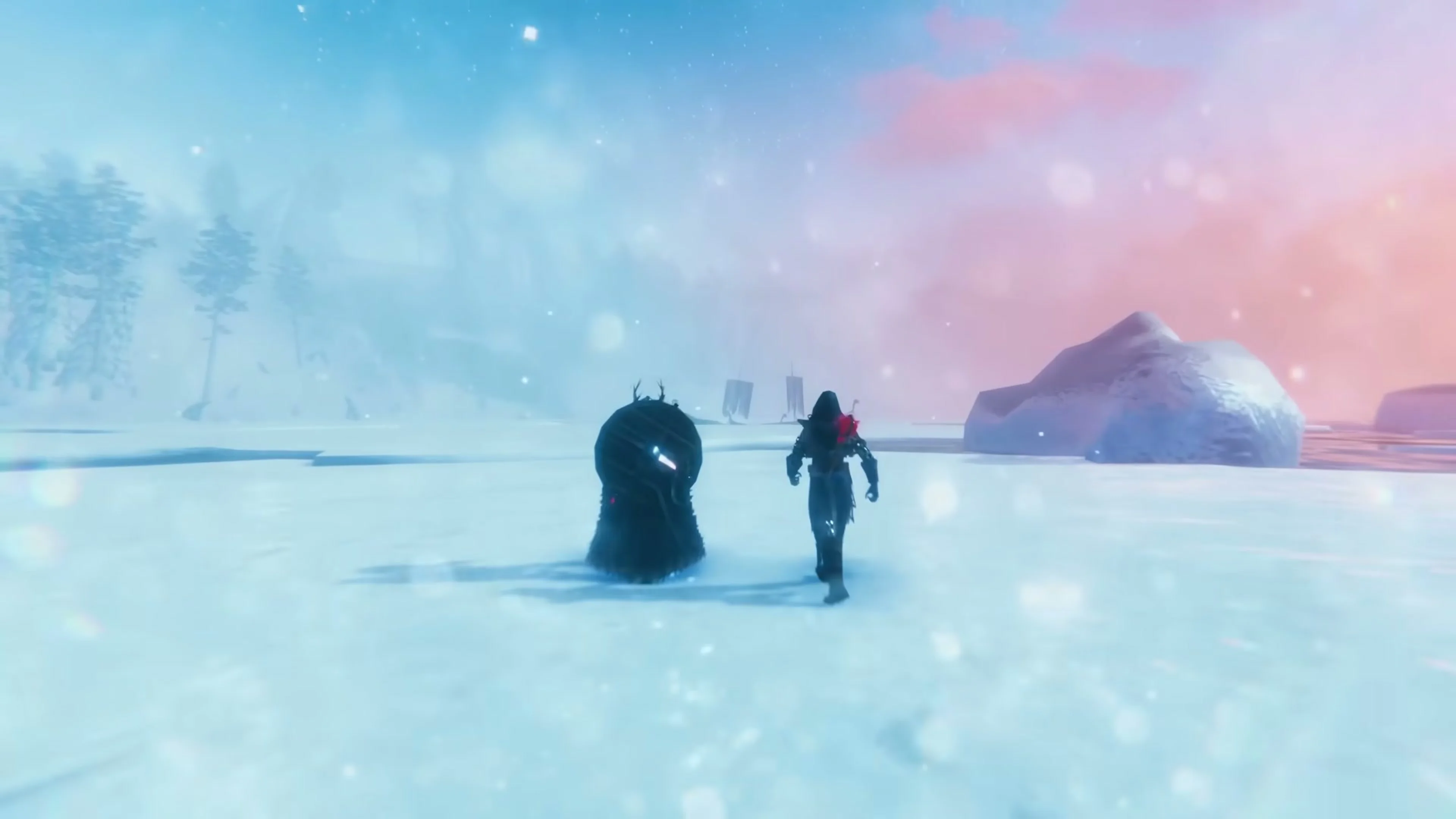 Two players cross a bright icy landscape together in Valheim’s Deep North.