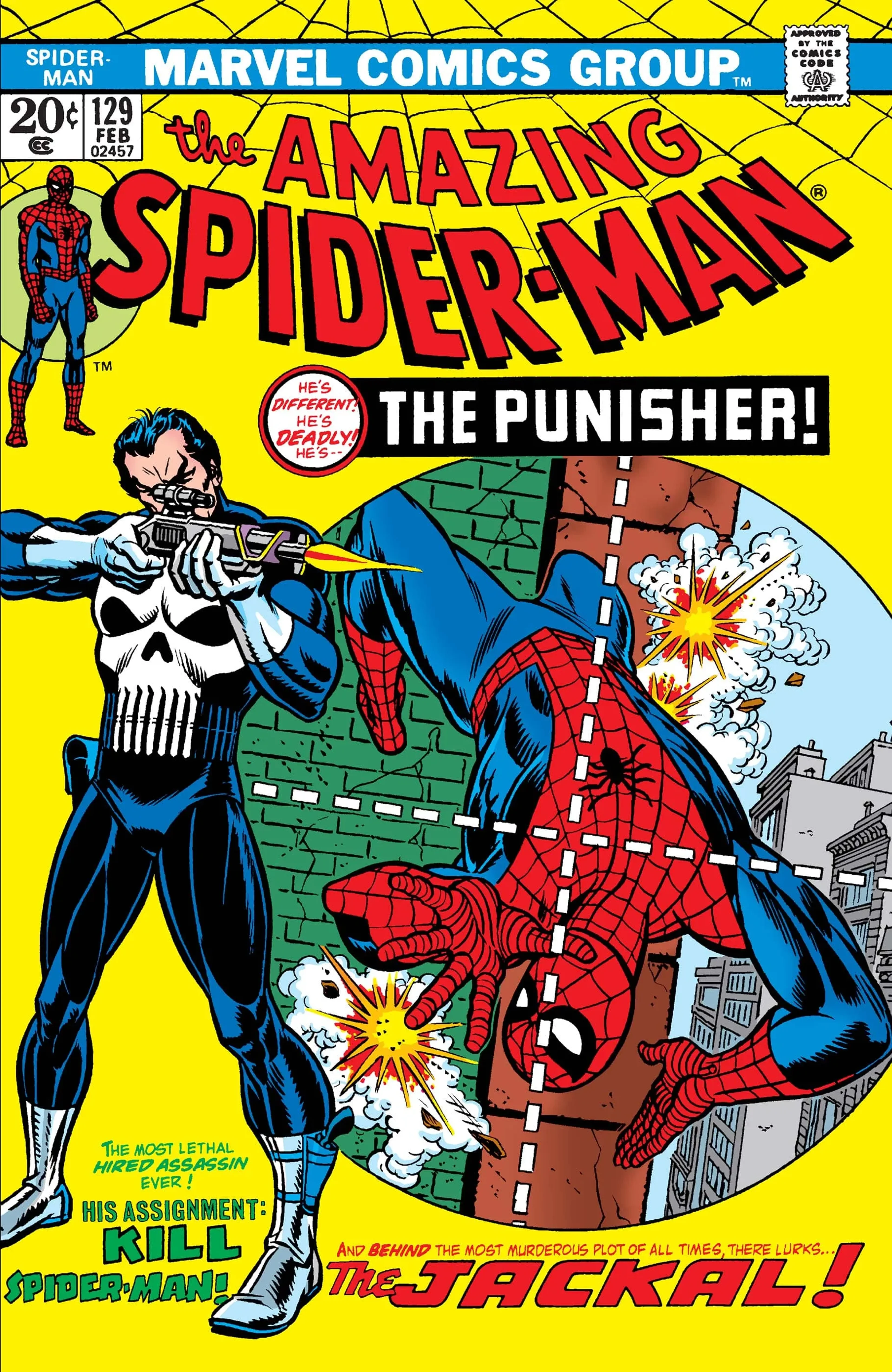 The cover of The Amazing Spider-Man number 129 shows Punisher aiming at Spider-Man.