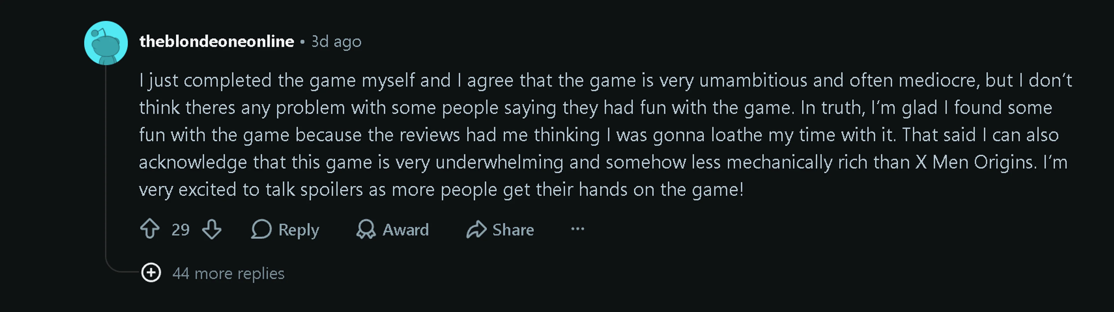 Reddit comment from a player who says they completed Marvel’s Wolverine and found it underwhelming but still had fun.