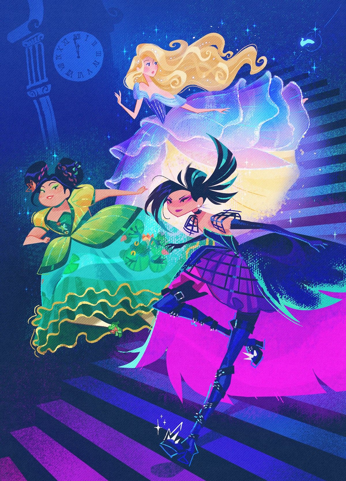 Three young women in fantasy dresses run down stairs beside a glowing clock and slipper.