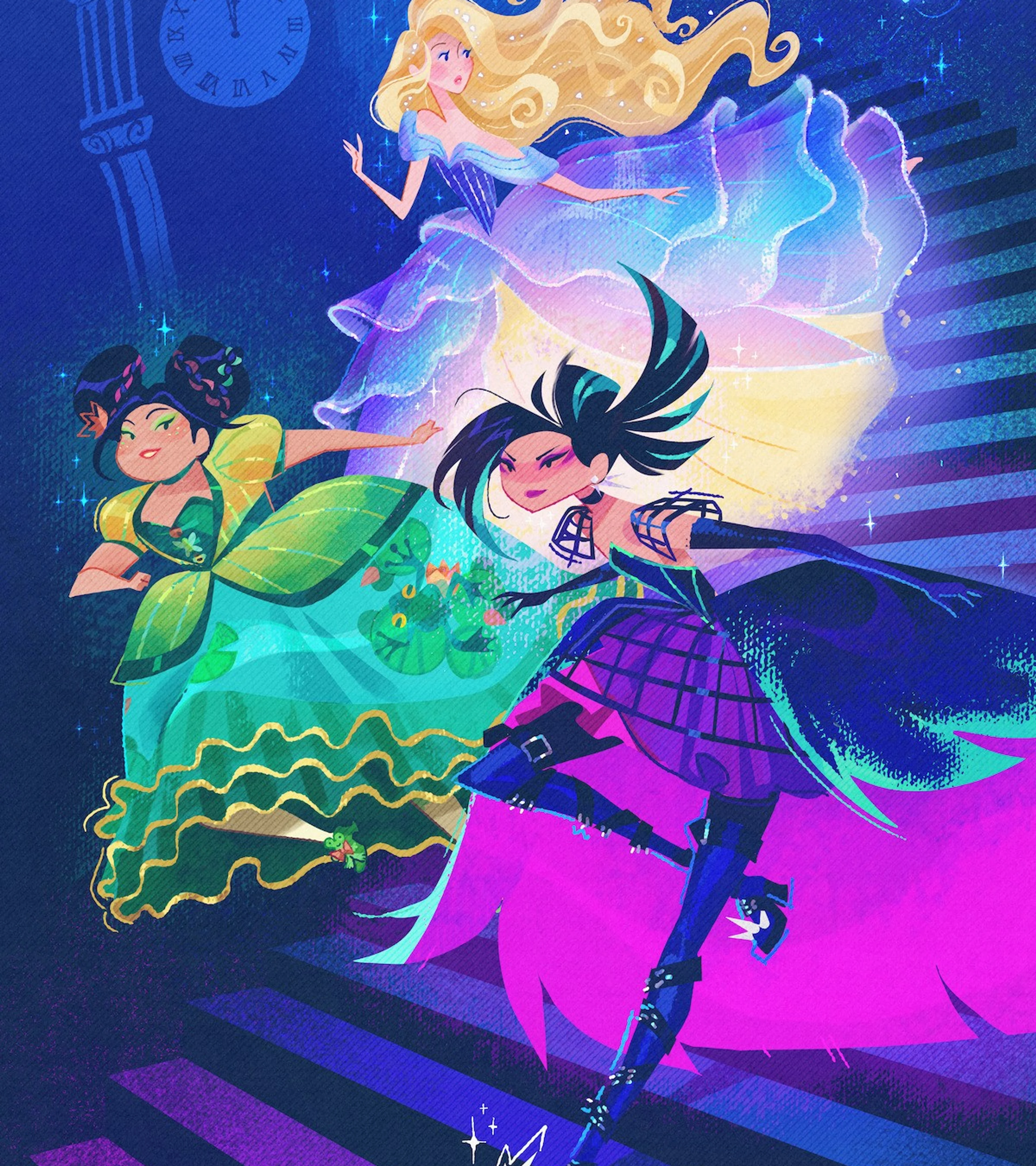 Three young women in fantasy dresses run down stairs beside a glowing clock and slipper.