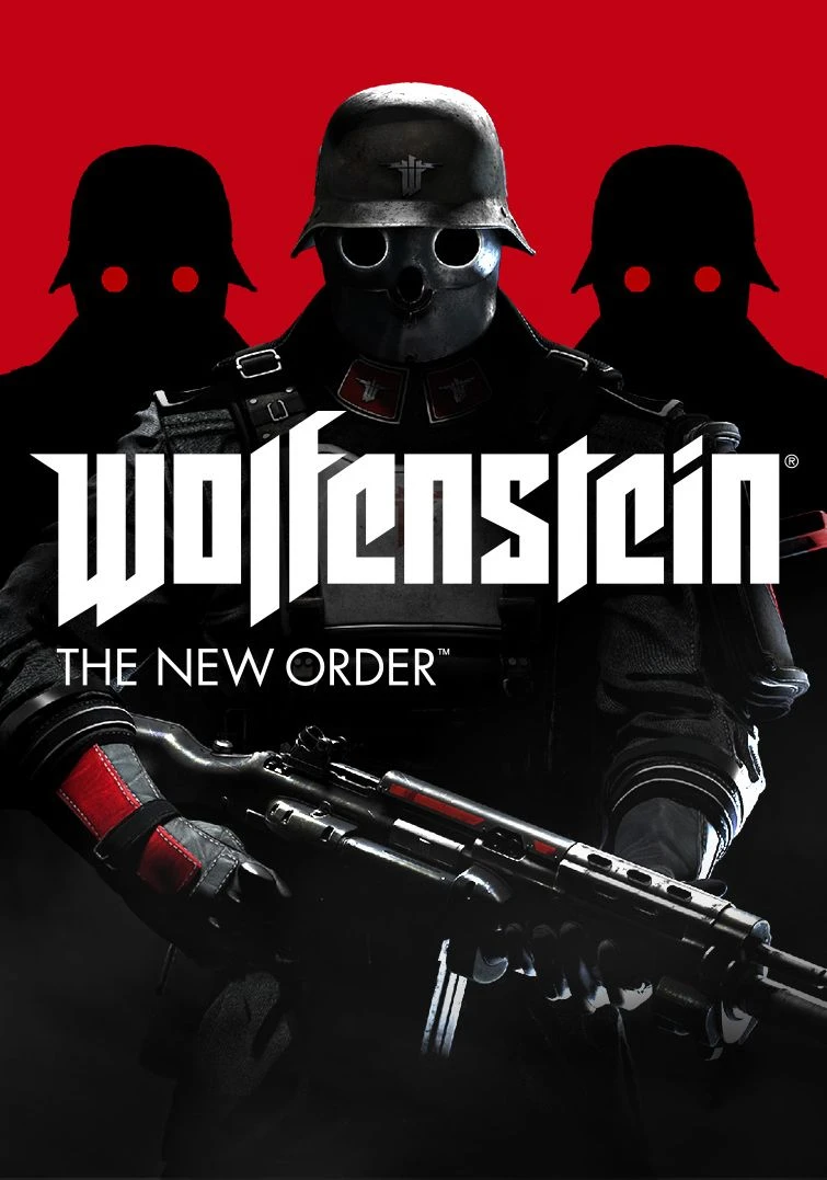 Official Wolfenstein: The New Order poster showing a masked armored soldier against a red background under the native game title.