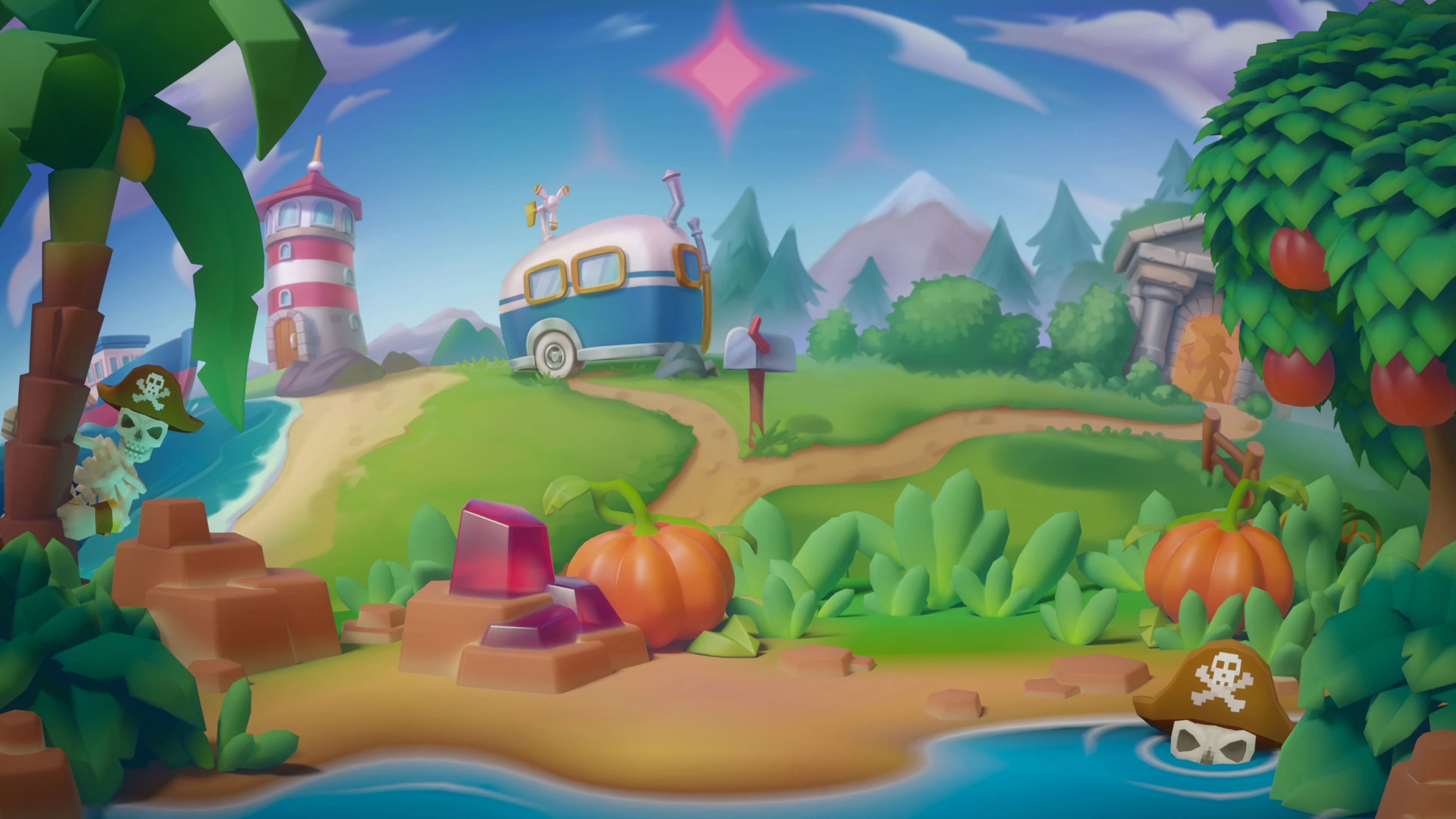 Textless Luma Island art showing an island, caravan and lighthouse.