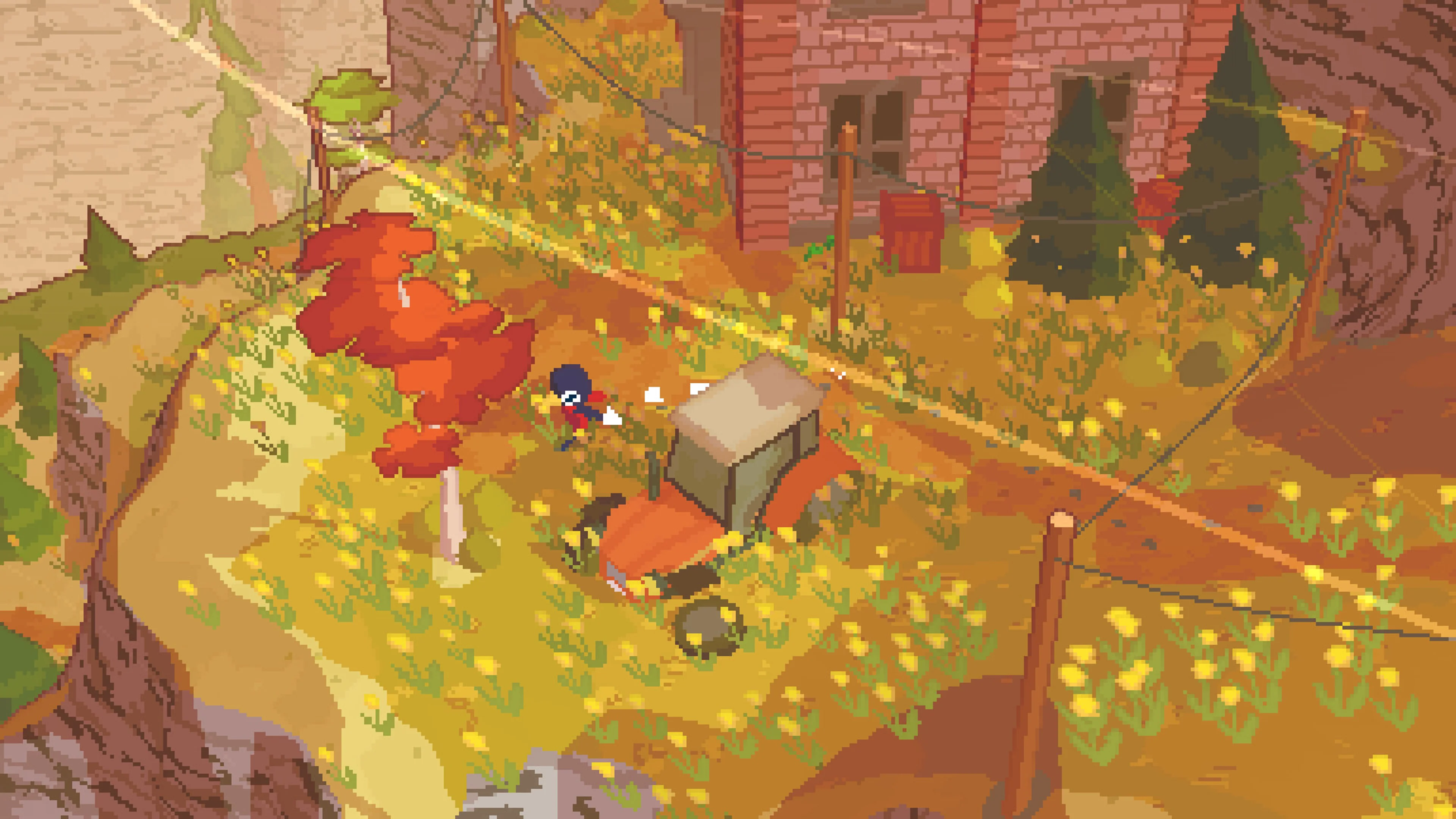 A bird walks along a path near an autumn cabin in A Short Hike.